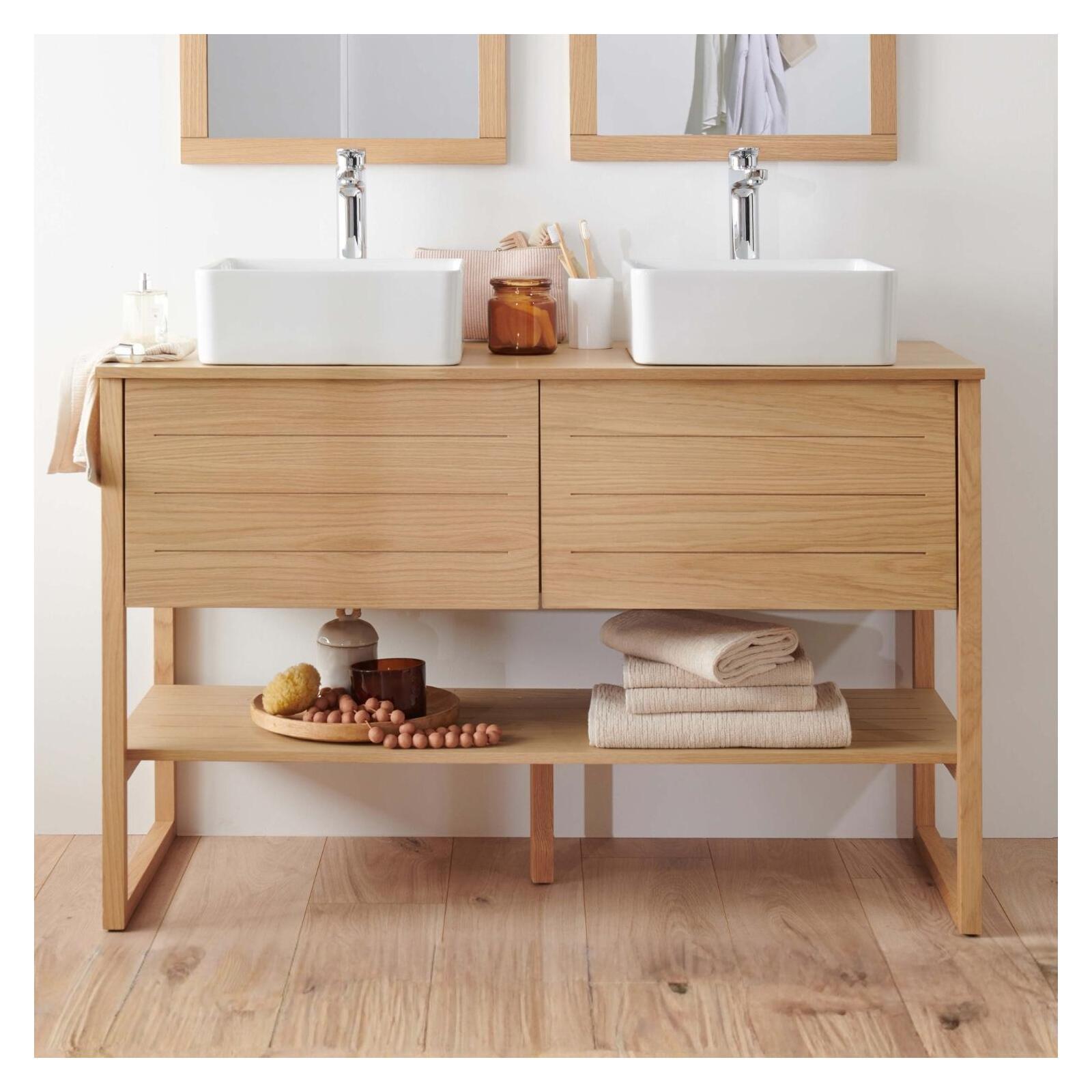 Meuble Atoll Double 120cm Chêne Vasques Carrées Blanches Robinets