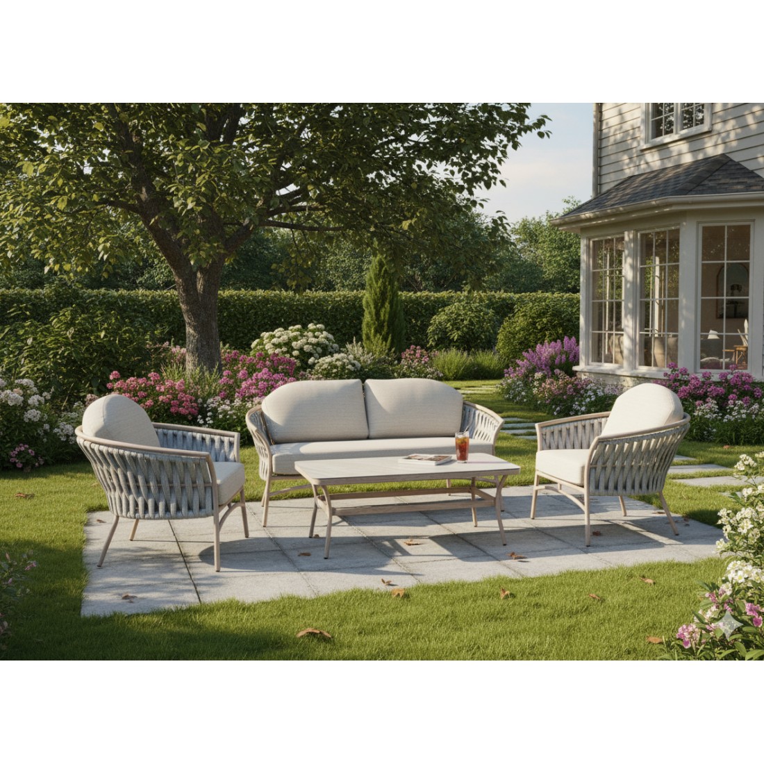 Salon De Jardin 4 Places Aluminium Beige Avec Corde Et Table Basse - Rotinia