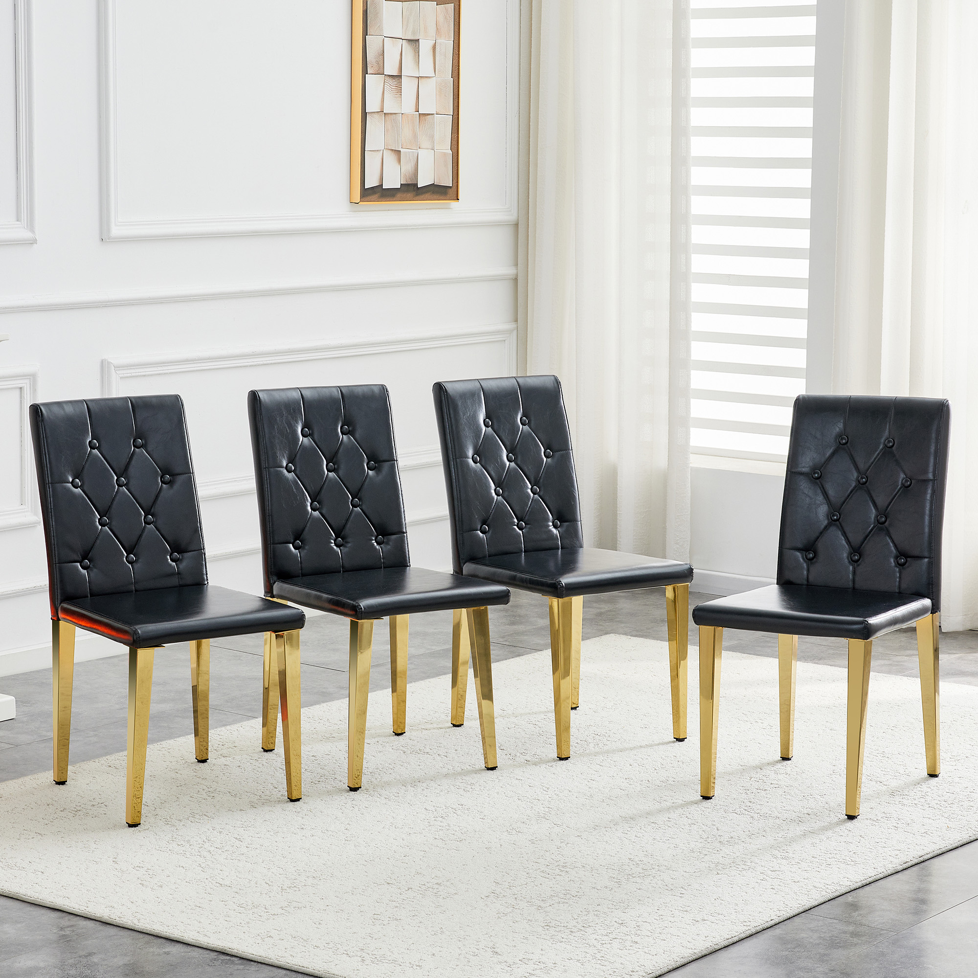 Redom - Lot De 4 Chaises De Salle À Manger, Dossier Capitonné À Losanges, Pieds Métalliques Dorés Brillants, Pu Noir