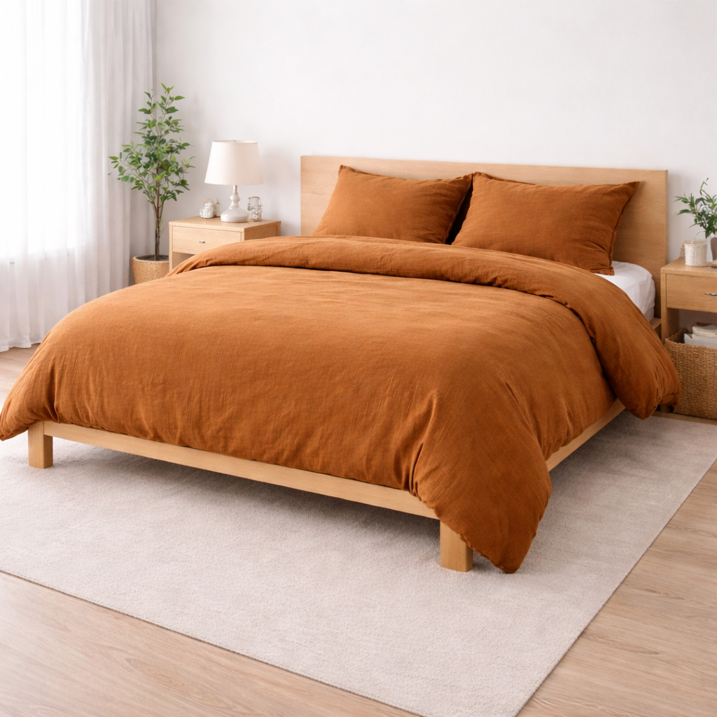 Parure De Lit 240 X 220 Cm Sienna Caramel + 2 Taies 63x63 Cm - Double Face Gaze De Coton & Coton 57 Fils