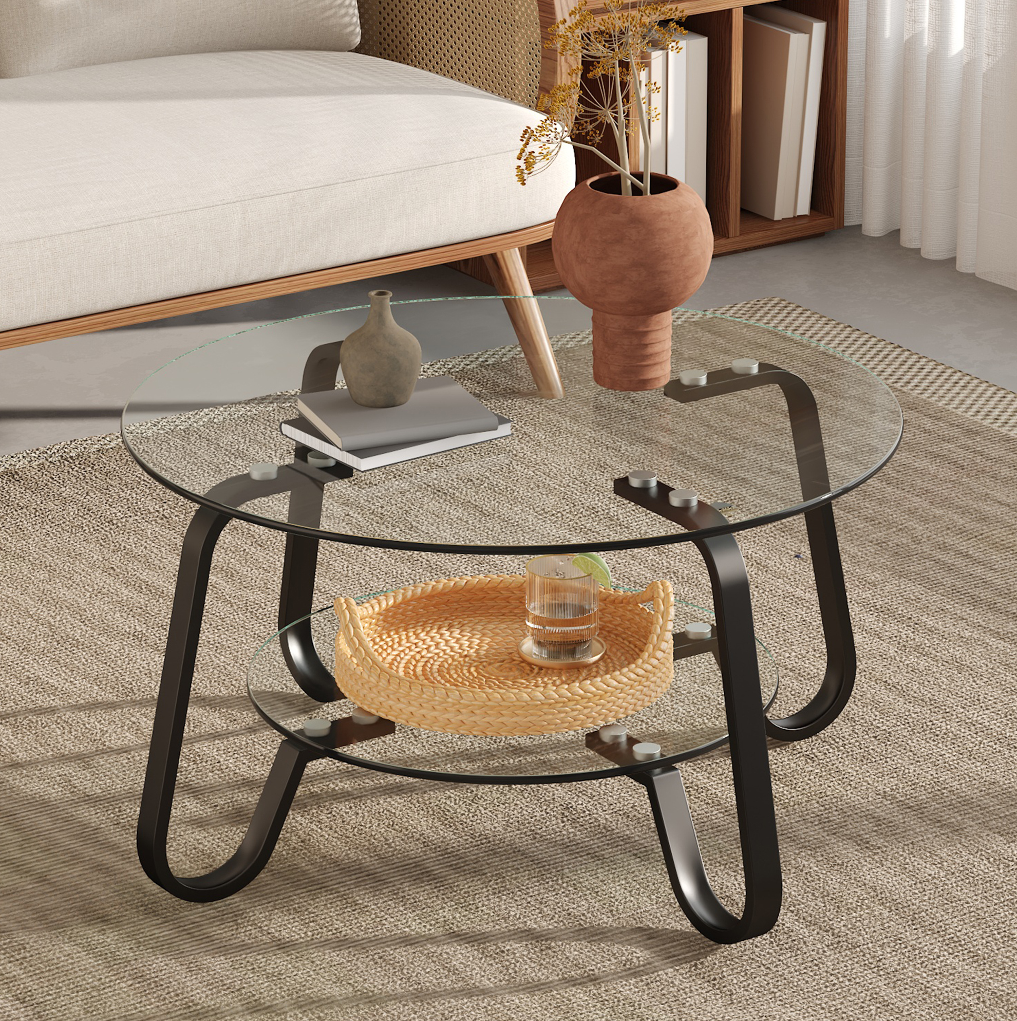 Table Basse Ronde Double Niveau En Verre Trempé Et Métal Noir, Style Rétro, Redom