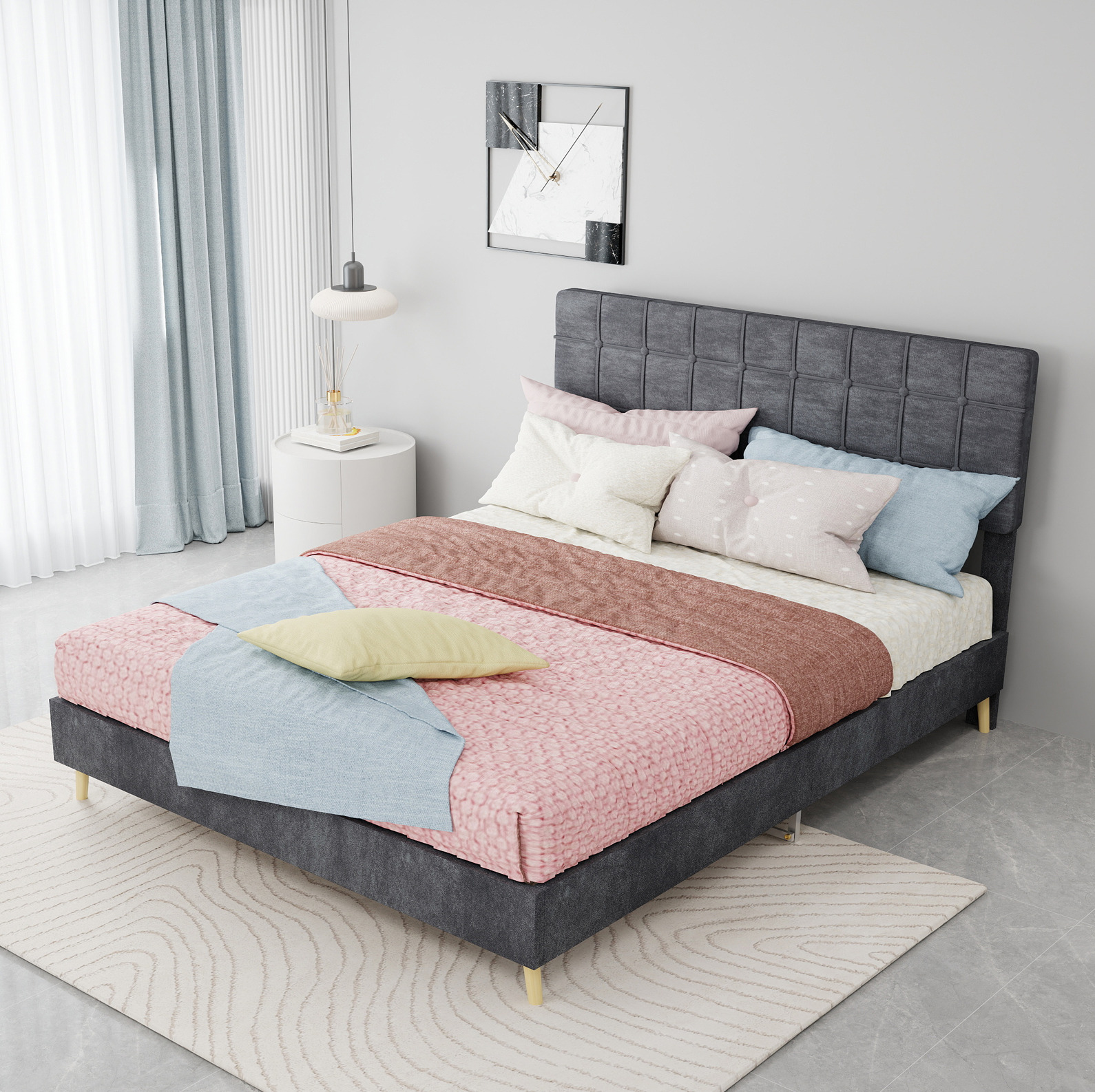 Cama Doble (205x140x104 Cm), Cabecero Acolchado A Cuadros, Estructura Estable, Patas De Madera, Terciopelo Gris