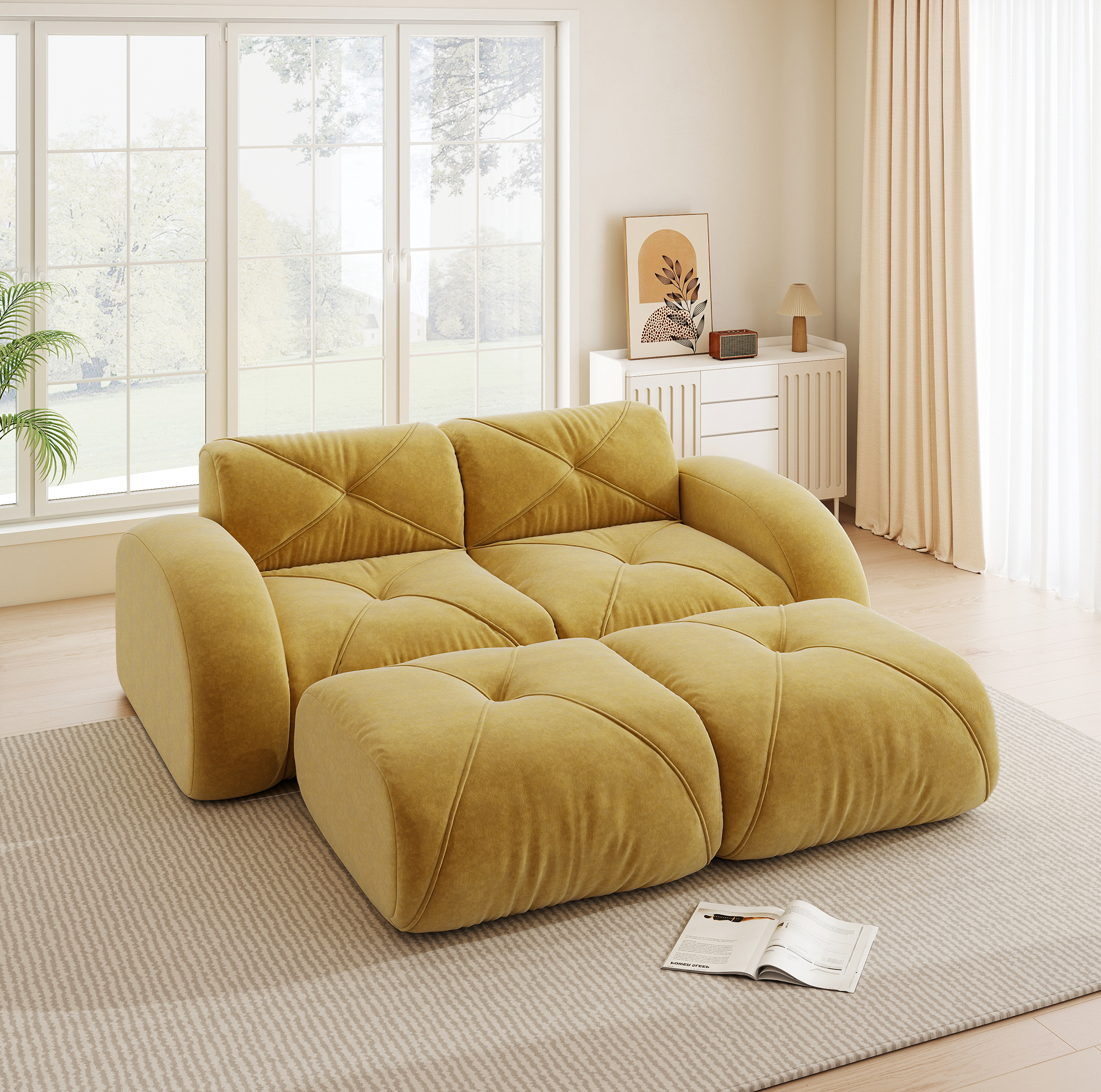 Canapé Modulable 2 Places Avec 2 Poufs, Sans Armature, Chenille Jaune, Sans Montage, Redom