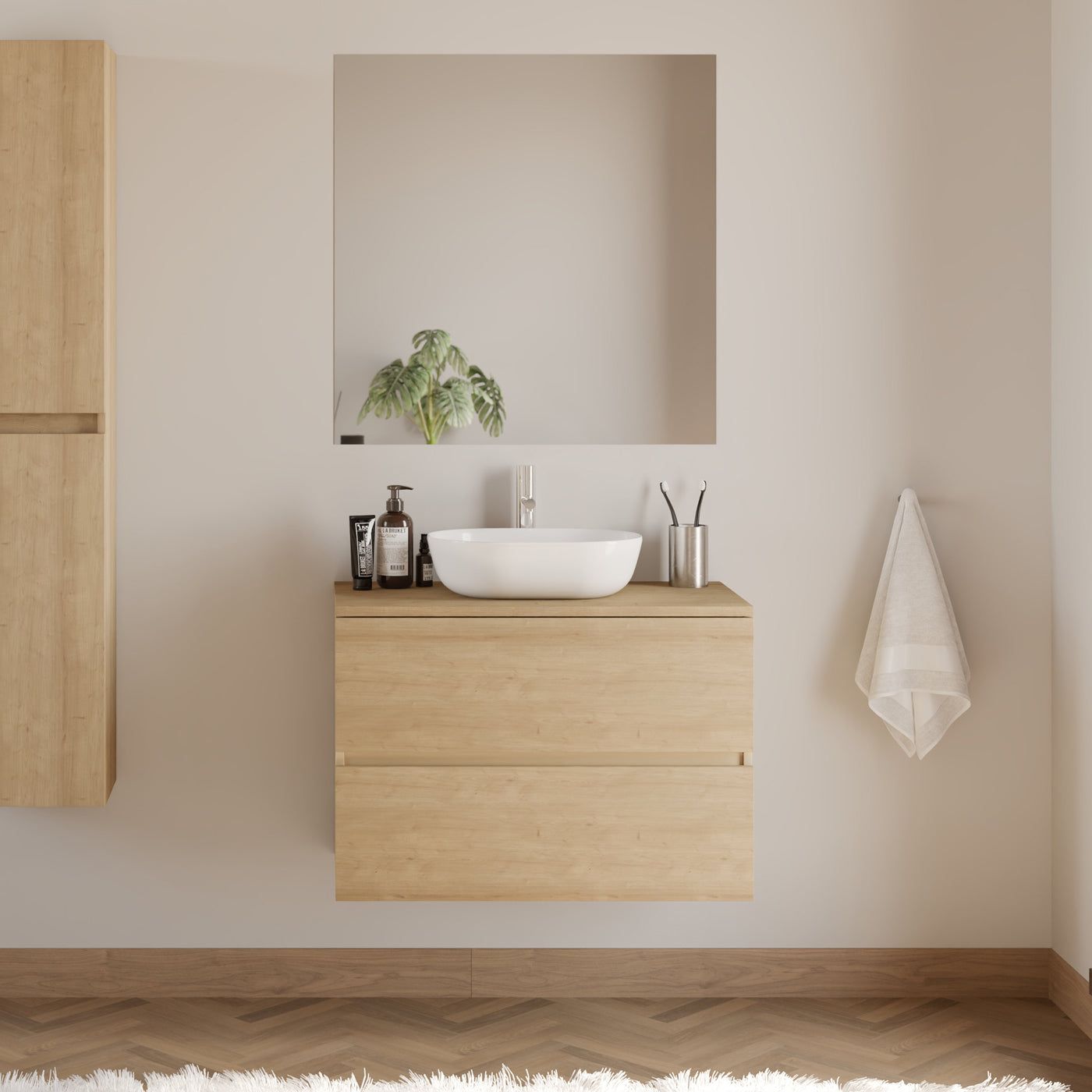 Meuble De Salle De Bain 80cm Avec Plateau Et Vasque À Poser Arrondie - 2 Tiroirs - Nebraska (chêne Clair) - Ida