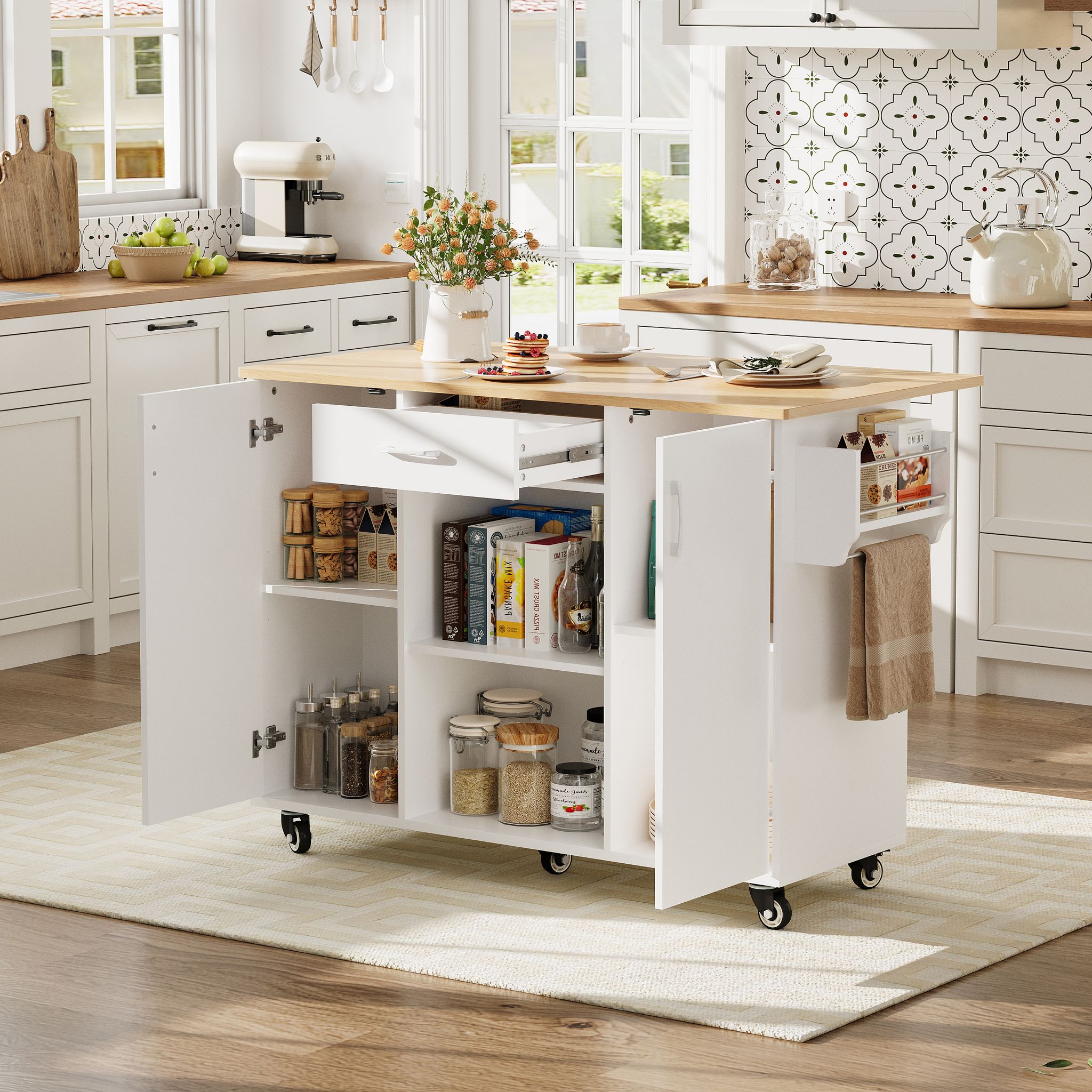 Carro De Cocina (92.9x120x43.5 Cm), Con Encimera Abatible, Ruedas, Mdf, Blanco Y Natural