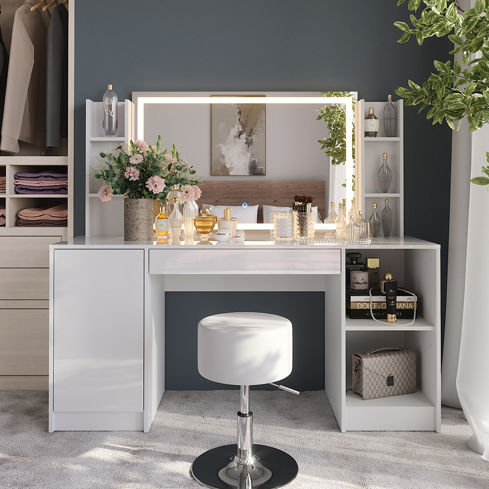 Coiffeuse Sherry, Blanc/blanc Haute Brillance, 158.2cm Avec Miroir Led Et Tabouret, Vicco