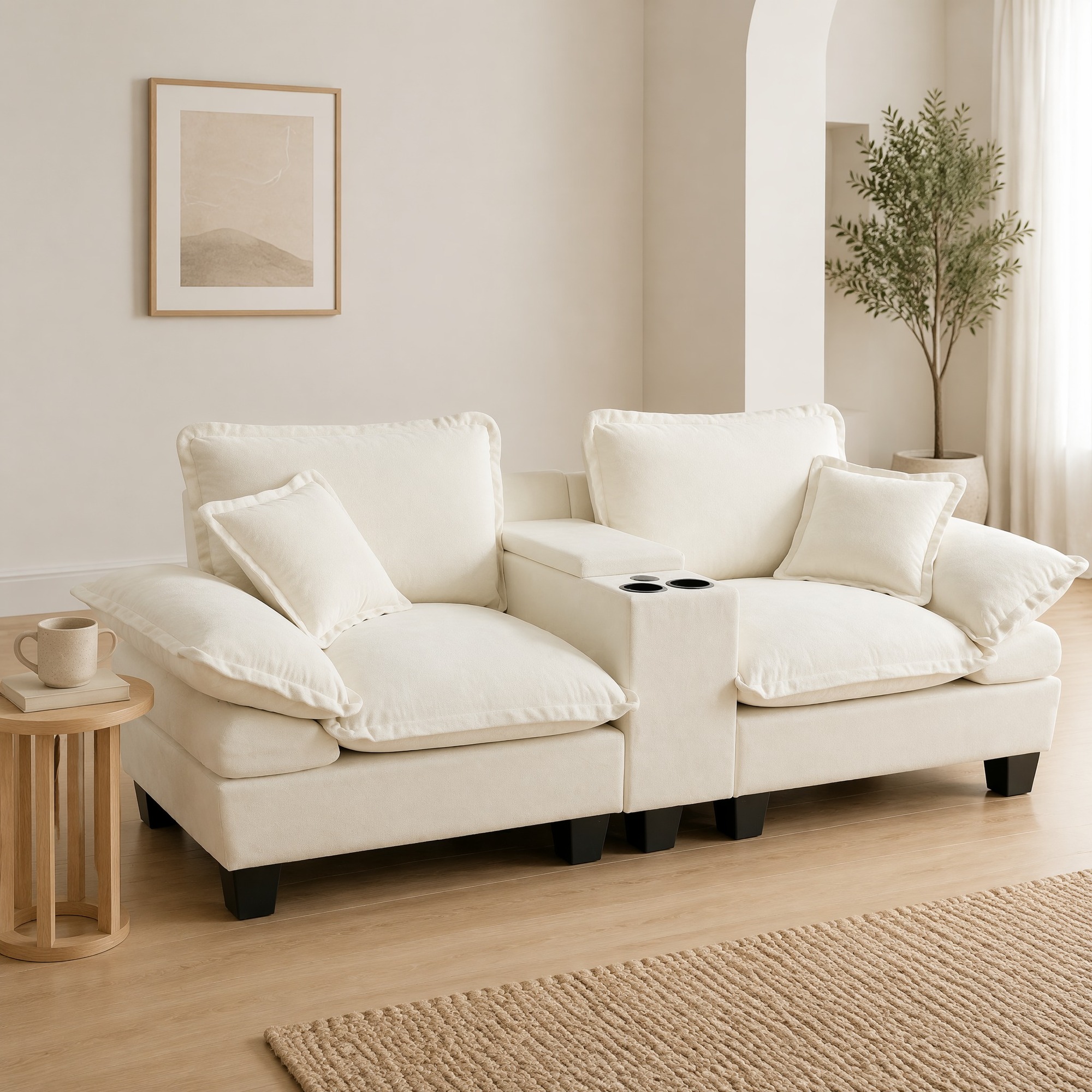 Canapé Modulable Cloud Beige 224 X 82 X 90 Cm Avec Porte-gobelets, Rangement Et Usb