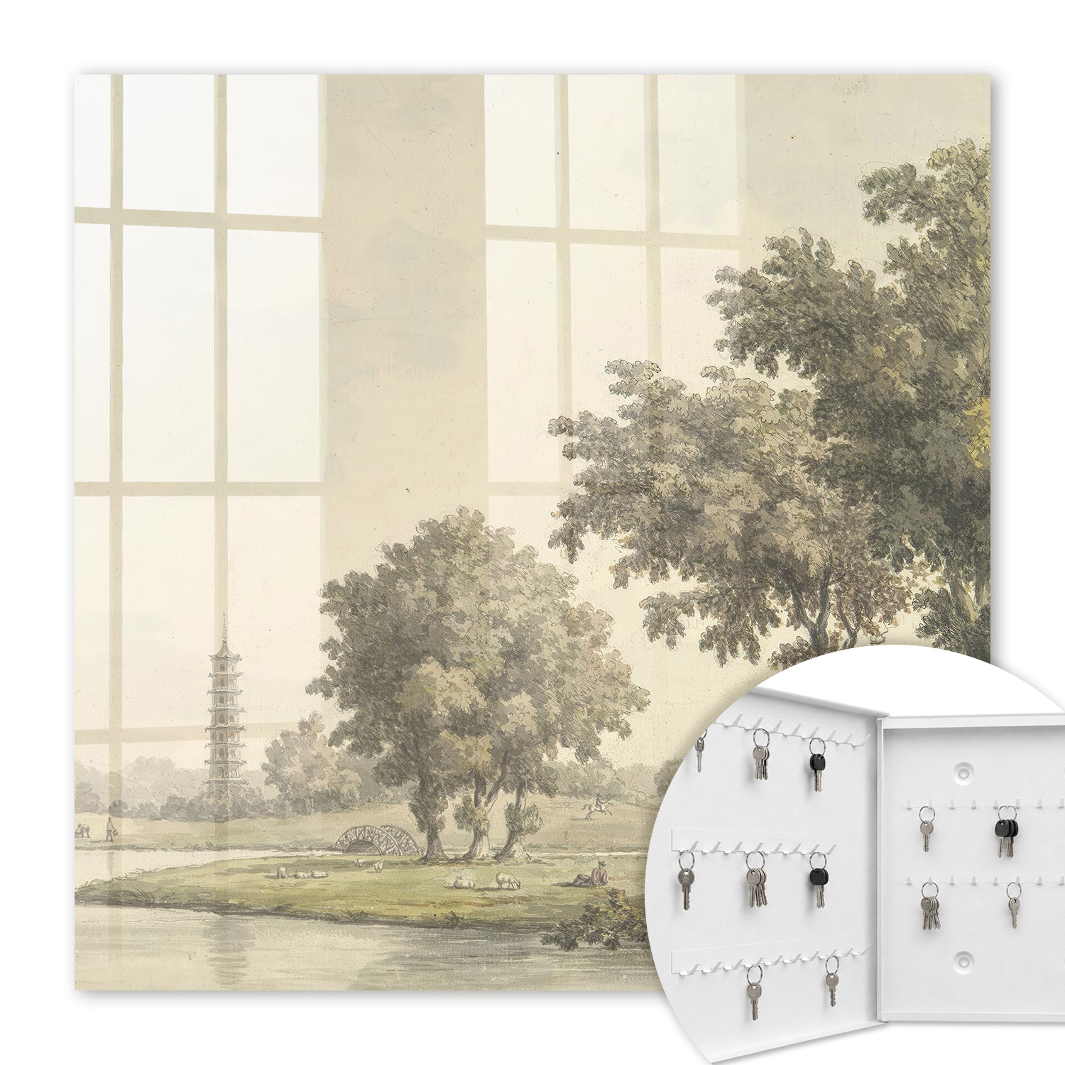 Armoire À Clés - (30 Cm X 30 Cm) - Boîte À Clés Murale - Coffret De Rangement Pour Clés - Couleur Blanche - Ouverture Vers La Gauche - Pour Maison Et Bureau - Parc Avec Une Pagode