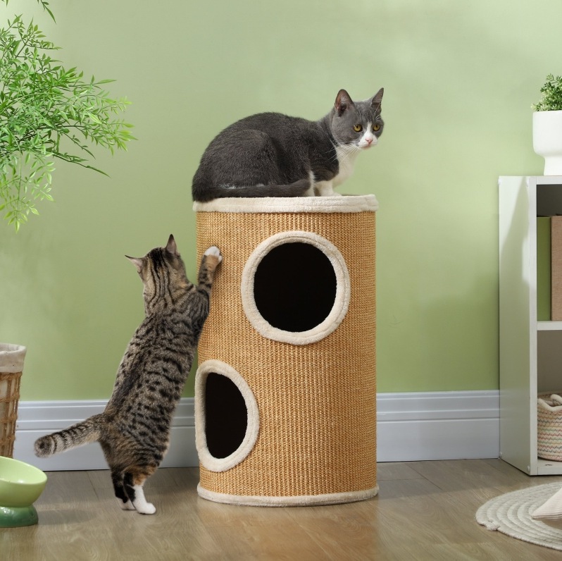Tonneau Griffoir Pour Chat Ø35 X 60 Cm, Revêtement En Sisal, Peluche, Brun-beige, Redom
