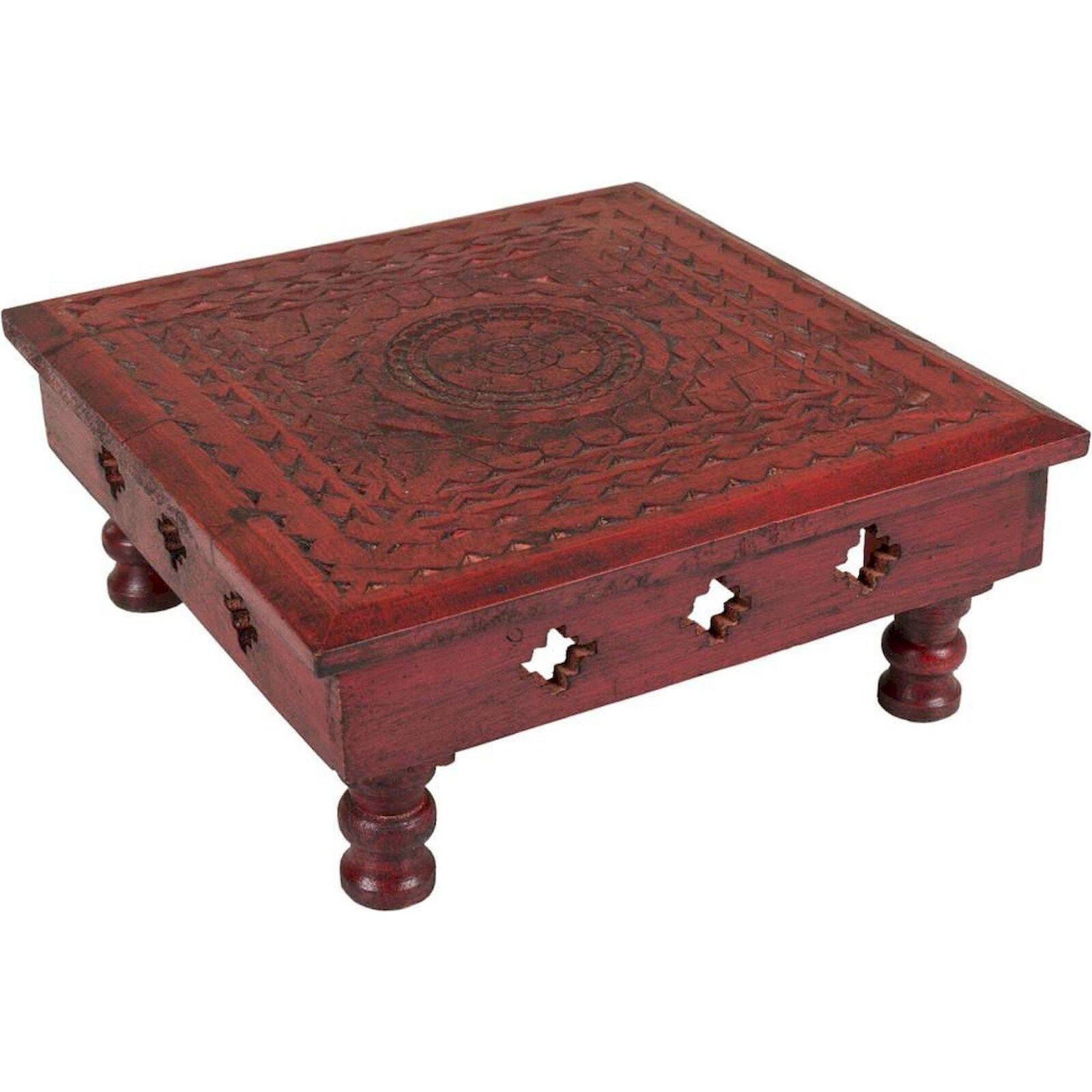 Table D'Appoint En Bois De Manguier Rouge Sculptée Artisanale - Rouge Bois De Manguier Sculpté