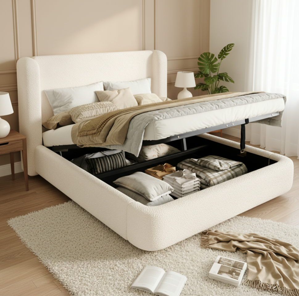 Redom - Lit Coffre 180x200 Cm Avec Rangement Hydraulique, Bouclé Beige (sans Matelas)