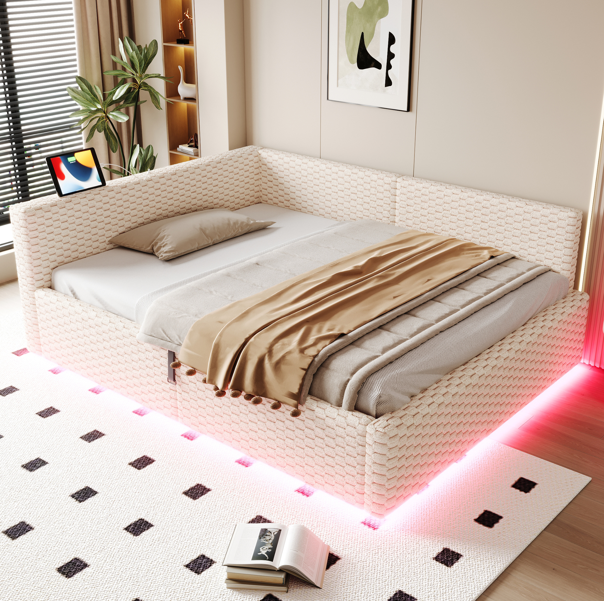 Lit Rembourré 140x200 Cm En Velours Beige Avec Led, Usb-c, 2 Usb Et Coffre