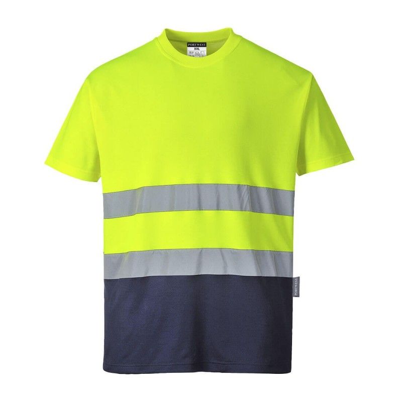 Tee Shirt Haute Visibilité Portwest Coton Bicolore Jaune / Marine L