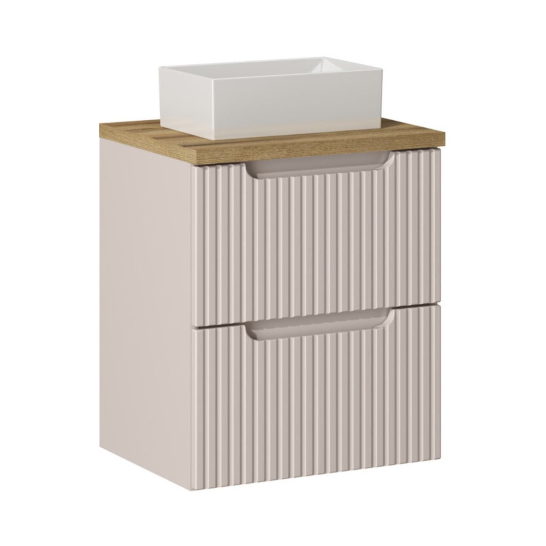 Ensemble Vano Cachemire Et Chêne 50cm: Meuble Sous Vasque À Tiroirs + Plan Pour Vasque + Vasque À Poser Rectangulaire