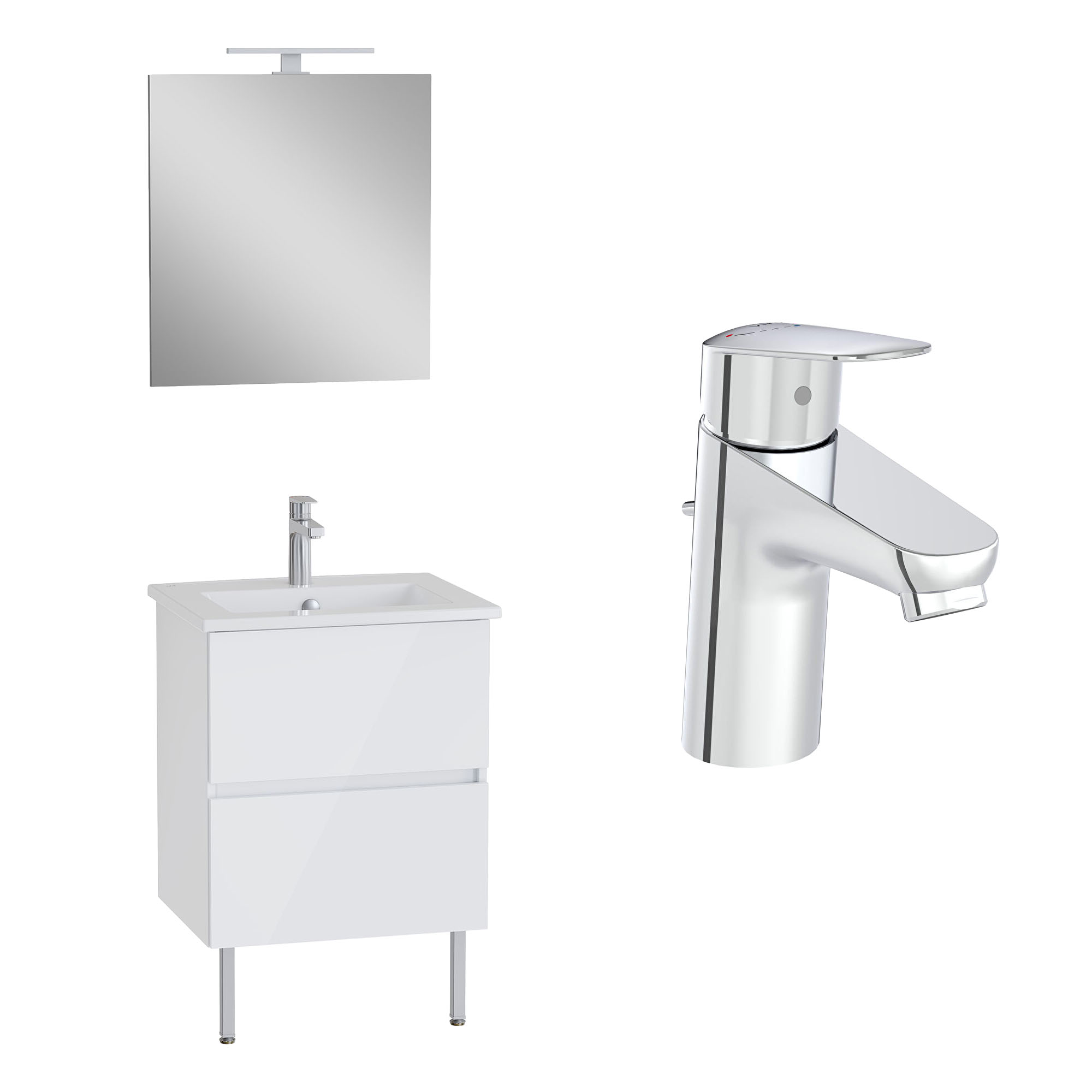 Vitra Pack Meuble 60cm Blanc Brillant 2 Tiroirs Mia Plus Square, Plan Céramique, Miroir Avec Éclairage, Mitigeur Et Vidage