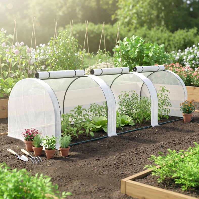 Serre Tunnel De Jardin 295 X 100 X 80 Cm, 3 Fenêtres Zippées, Cadre Acier, Blanche