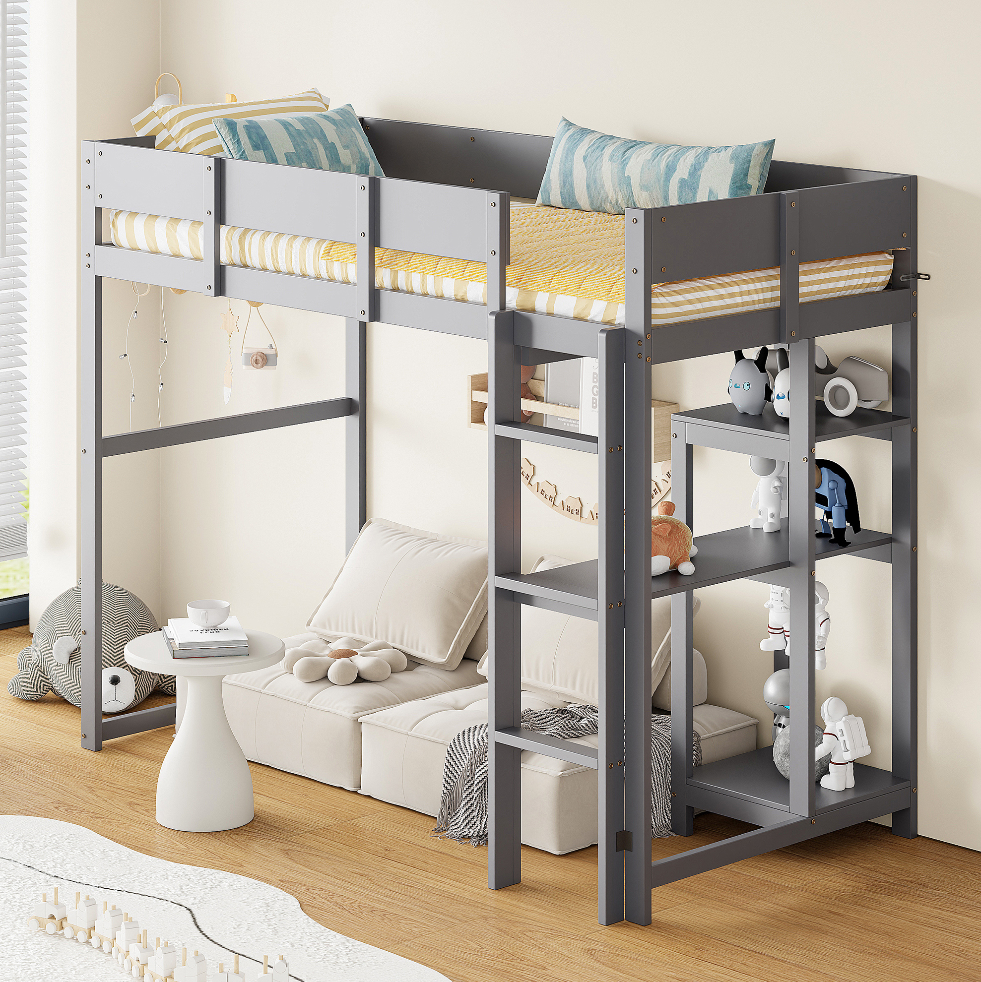Lit Mezzanine 90 X 200 Cm Avec Étagère, Cadre En Bois Gris, Pour Enfants Et Adolescents, Redom