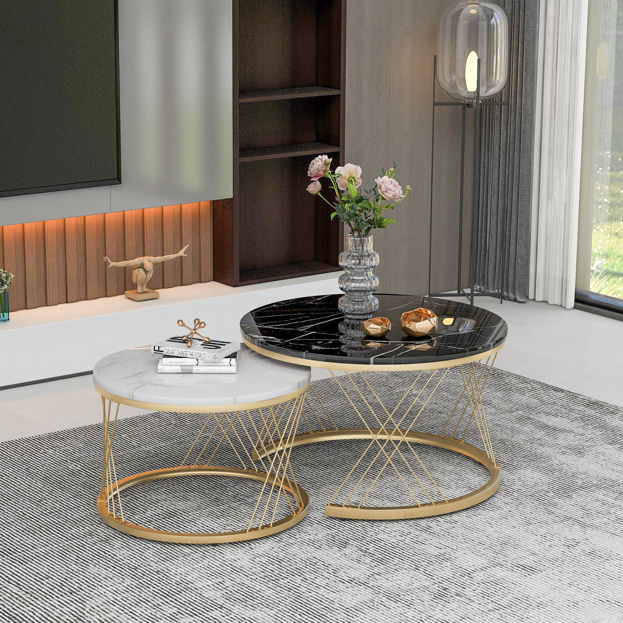 Redom Tables Basses Gigognes Rondes 70x70x45 Cm Et 45x45x40 Cm, Plateau Mdf Motif Marbre, Noir