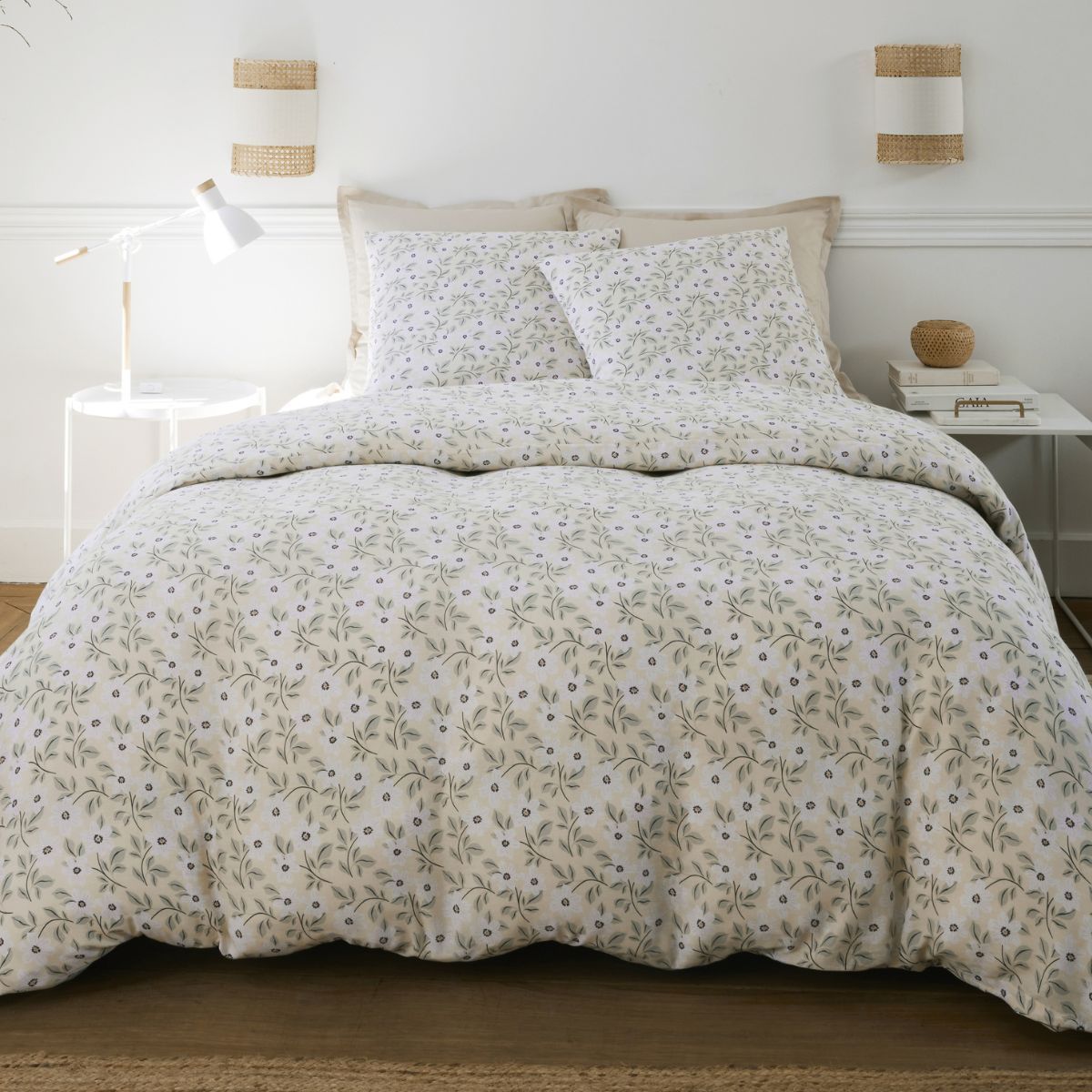 Parure Housse De Couette 240x220cm + 2 Taies Motif Fleuri Jaune Clair 100% Gaze De Coton - Gianni