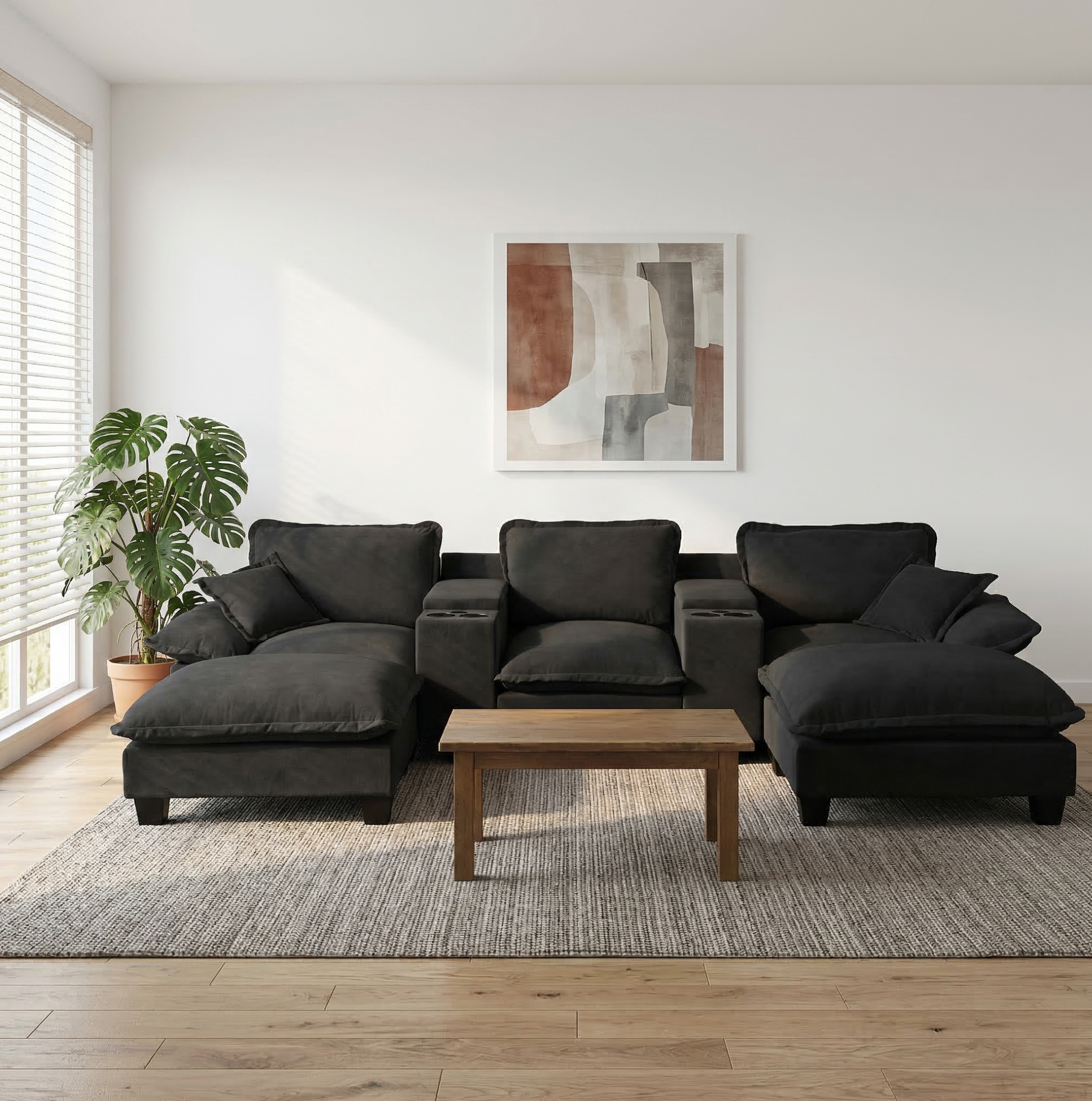 Canapé Modulaire D'Angle En Chenille Noire, 323 X 151 X 90 Cm, 2 Ottomans, Usb