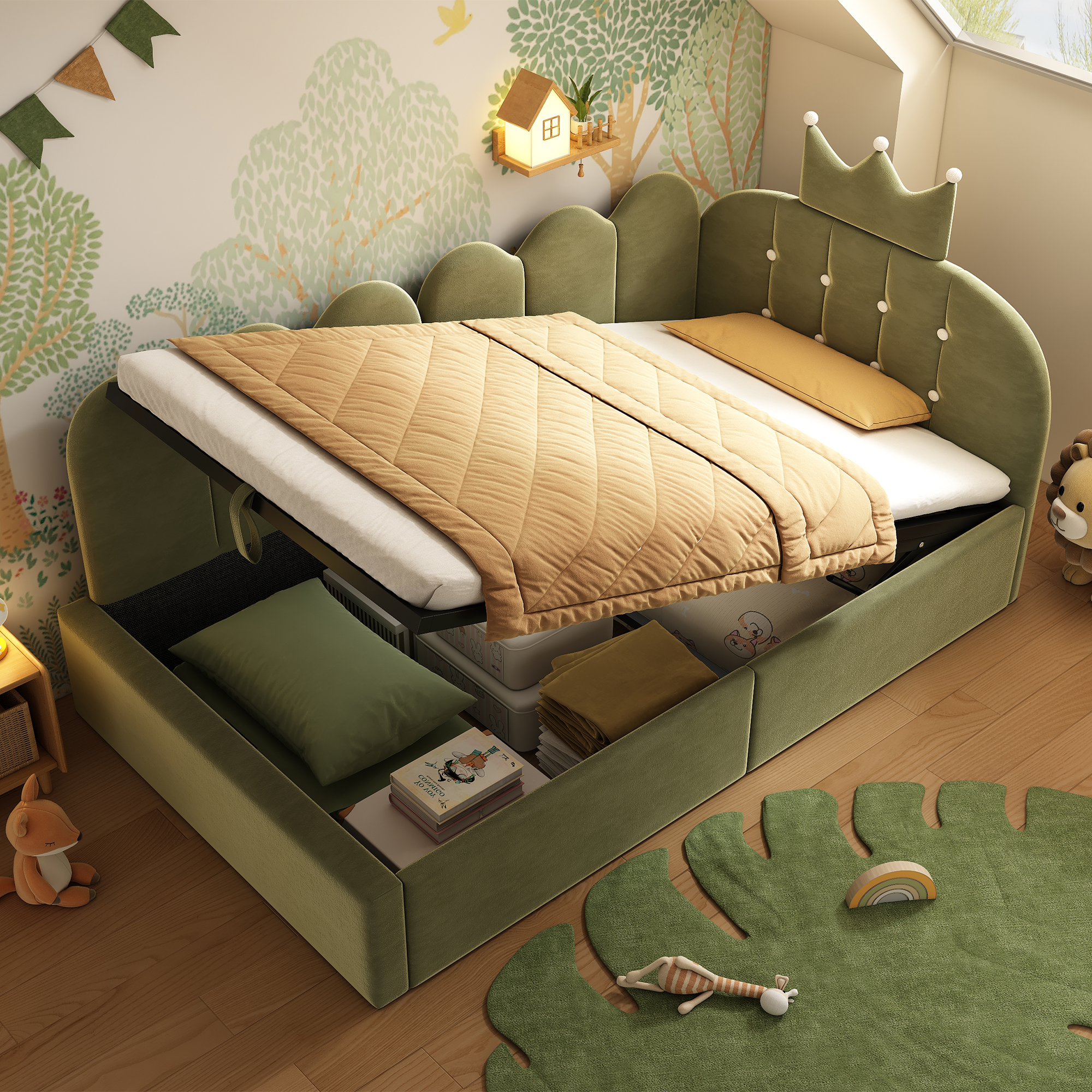 Redom Lit Coffre 90x200 Cm Avec Rangement Hydraulique, Velours Vert (sans Matelas)