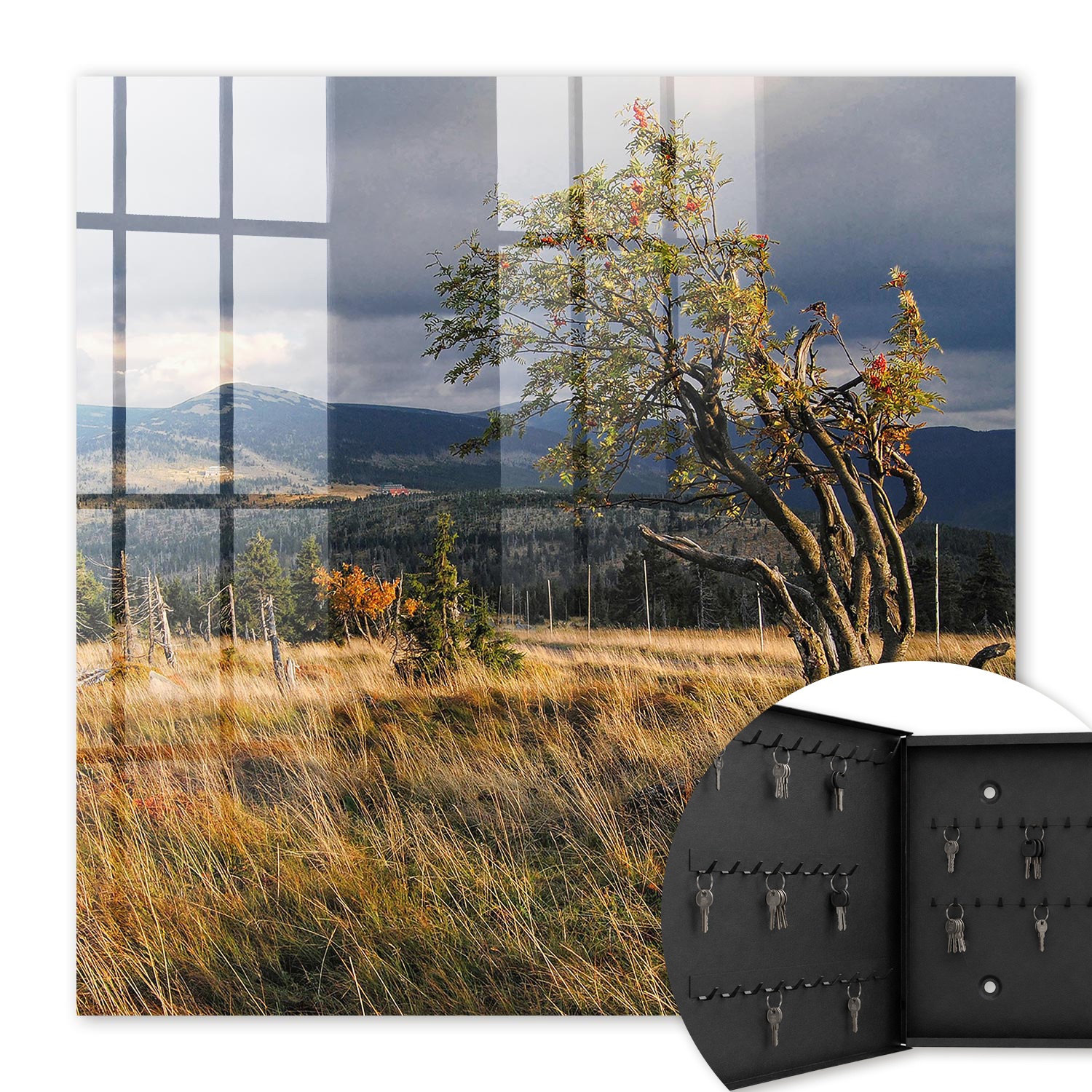 Armoire À Clés - (30 Cm X 30 Cm) - Boîte À Clés Murale - Coffret De Rangement Pour Clés - Couleur Noire - Ouverture Vers La Gauche - Pour Maison Et Bureau - Paysage D'Automne