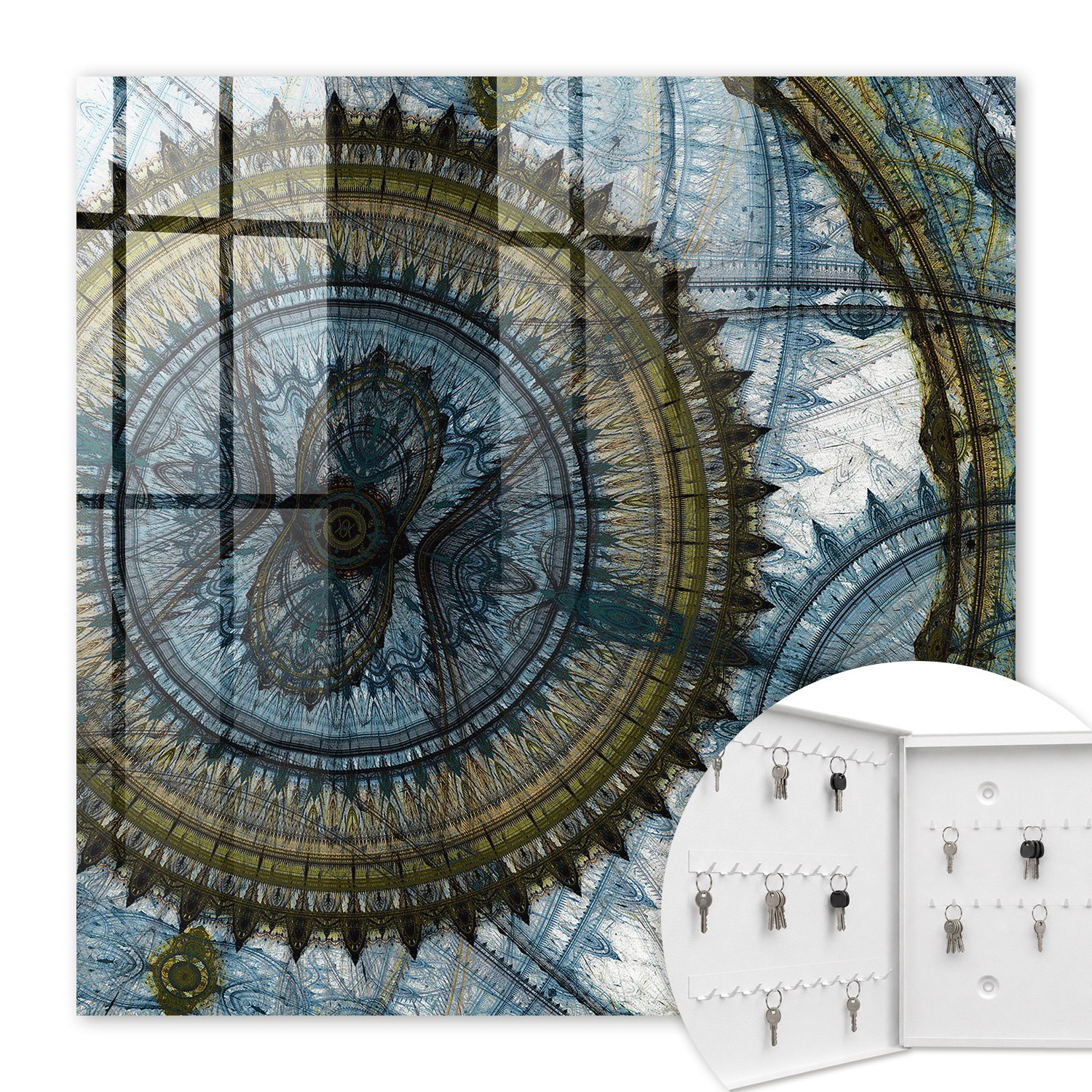 Armoire À Clés - (30 Cm X 30 Cm) - Boîte À Clés Murale - Coffret De Rangement Pour Clés - Couleur Blanche - Ouverture Vers La Gauche - Pour Maison Et Bureau - Mandala Géométrique