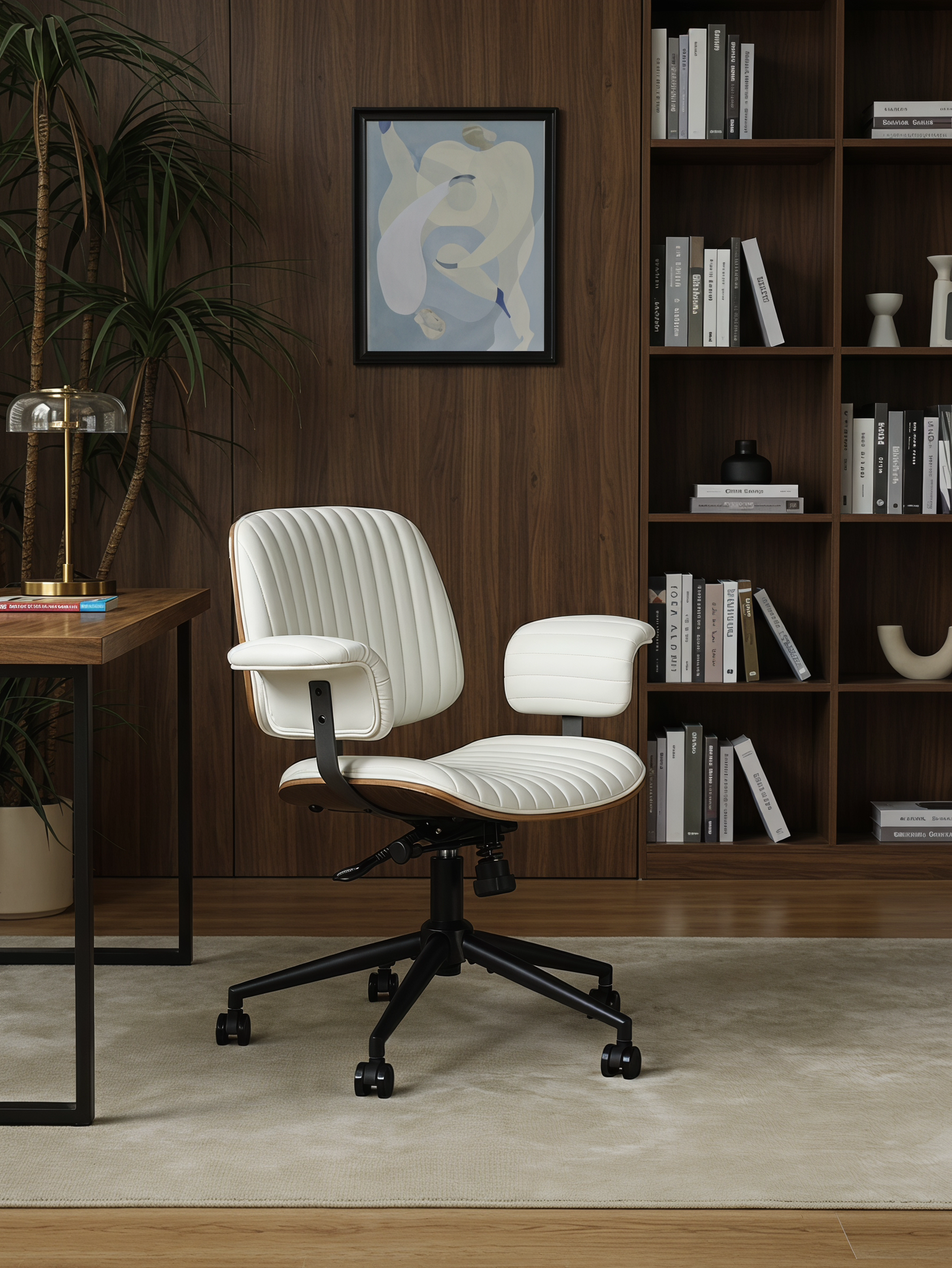 Chaise De Bureau Pivotante En Similicuir Beige Avec Roulettes, Accoudoirs En Chêne, H 87 Cm