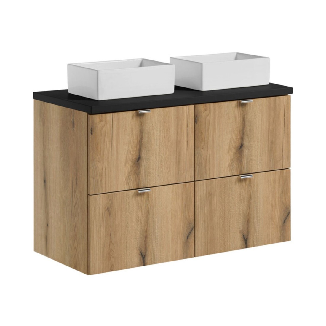 Ensemble Vano Aspect Chêne Et Noir 100cm: Meubles Sous Vasque À Tiroirs + Plan Pour Vasque + Vasques À Poser Rectangulaires