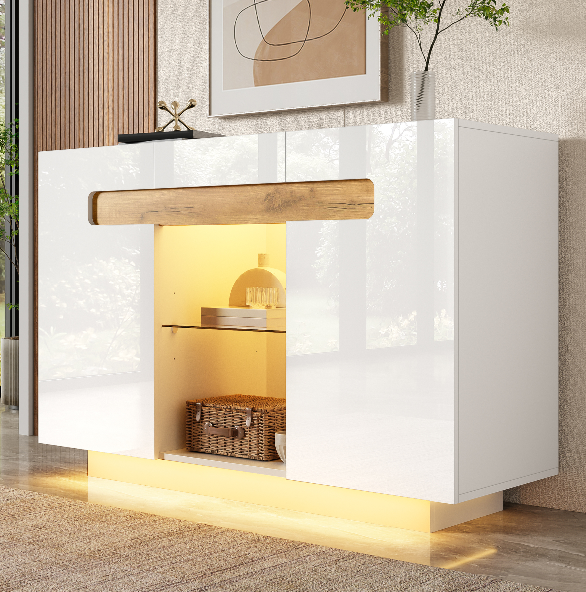Sideboard Led 120 X 40 X 80 Cm Blanc Et Aspect Bois Naturel, Avec 4 Étagères