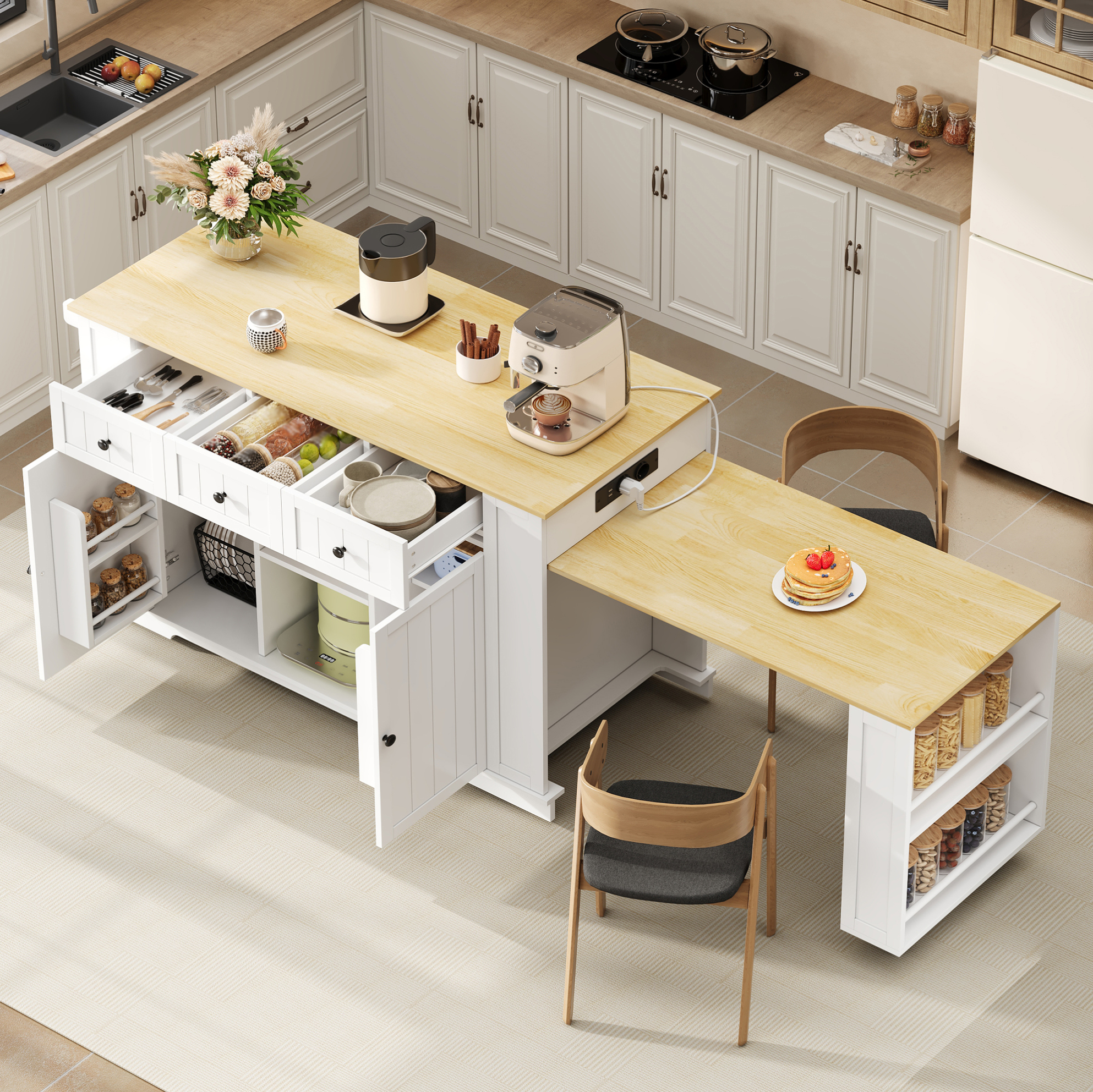 Îlot De Cuisine Mobile Avec Table Escamotable, 138(213) X 55 X 93 Cm, Mdf, Blanc Et Naturel