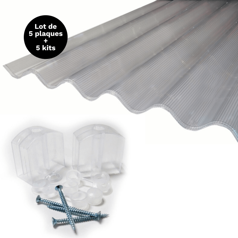 Lot 5 Plaques Polycarbonate Ondulées Alvéolaires Go177/51 Mm + 5 Kits De Fixation - Coloris - Translucide, Largeur - 92cm, Longueur - 152cm