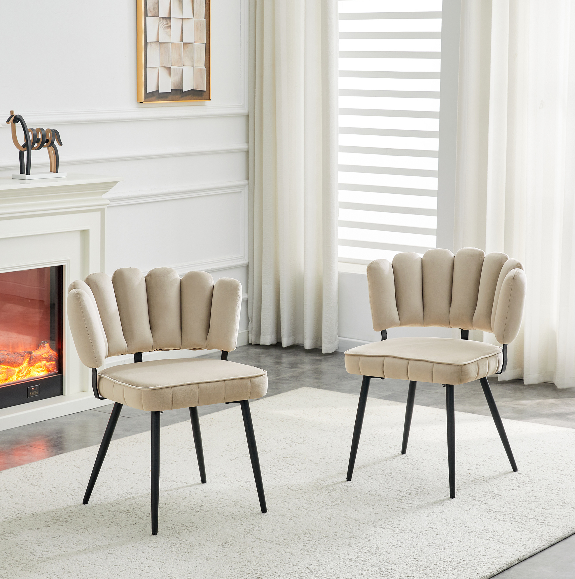 Redom - Lot De 2 Chaises De Salle À Manger, Dossier Fleur En Éventail, Velours Texturé, Pieds En Métal Noir, Beige Et Noir