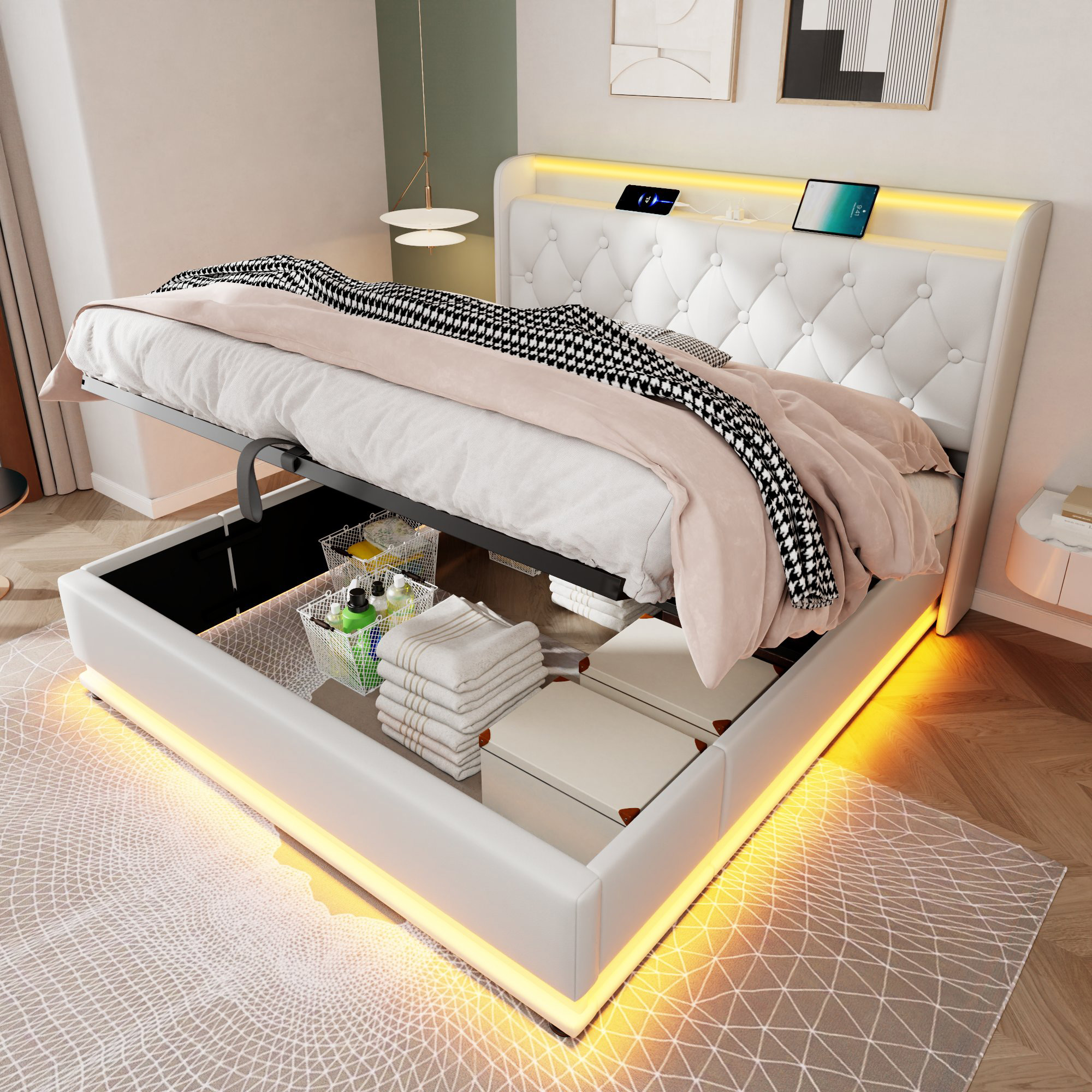 Redom Lit Coffre 140x190 Cm Avec Led 360, Rangement Hydraulique, Usb Type C, Pu Blanc (sans Matelas)