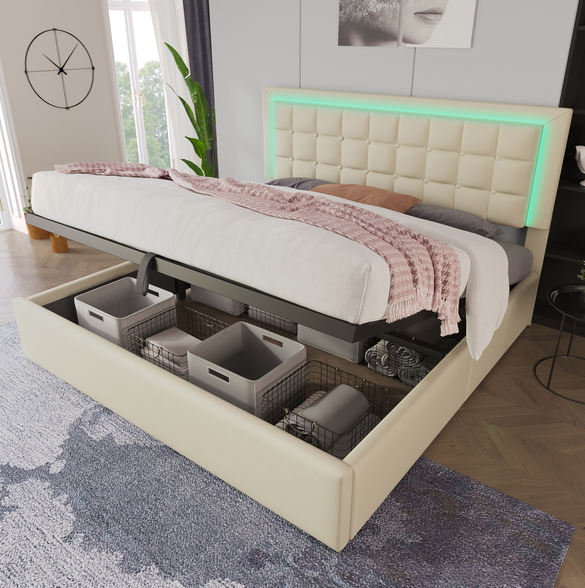 Redom - Lit Coffre 180x200 Cm Avec Led Et Rangement Hydraulique, Pu Blanc (sans Matelas)