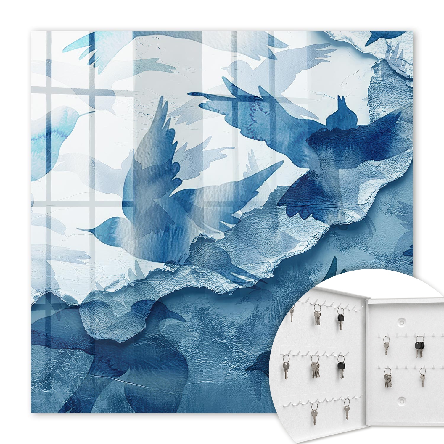 Armoire À Clés - (30 Cm X 30 Cm) - Boîte À Clés Murale - Coffret De Rangement Pour Clés - Couleur Blanche - Ouverture Vers La Gauche - Pour Maison Et Bureau - Oiseaux À L'Aquarelle