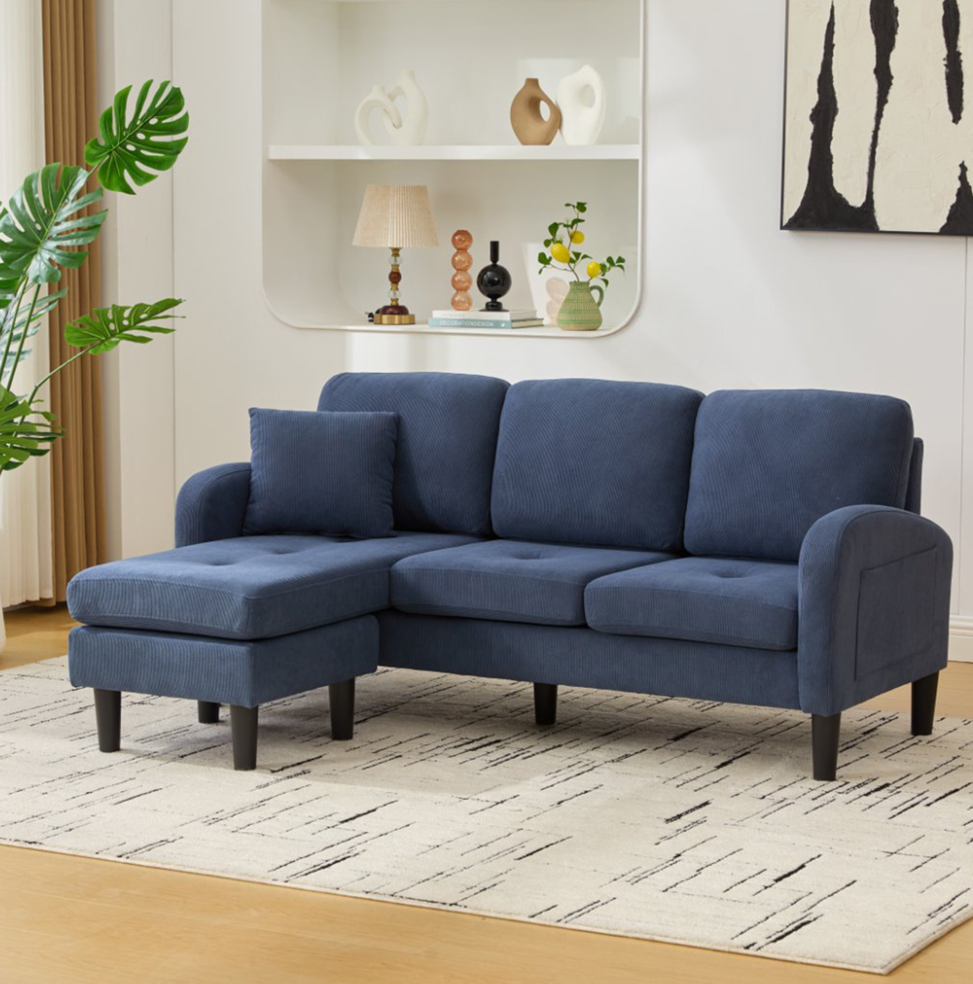 Redom - Canapé D Angle Modulable 166x118x77 Cm, Méridienne Gauche Ou Droite, Assise Confortable, Tissu Cord, Mousse, Bleu