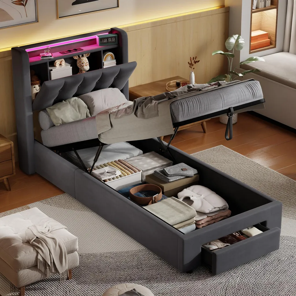 Lit Coffre 90x190 Cm - Lit Simple Avec Led, Coffre, Tiroirs Et Prises - Gris - Sans Matelas