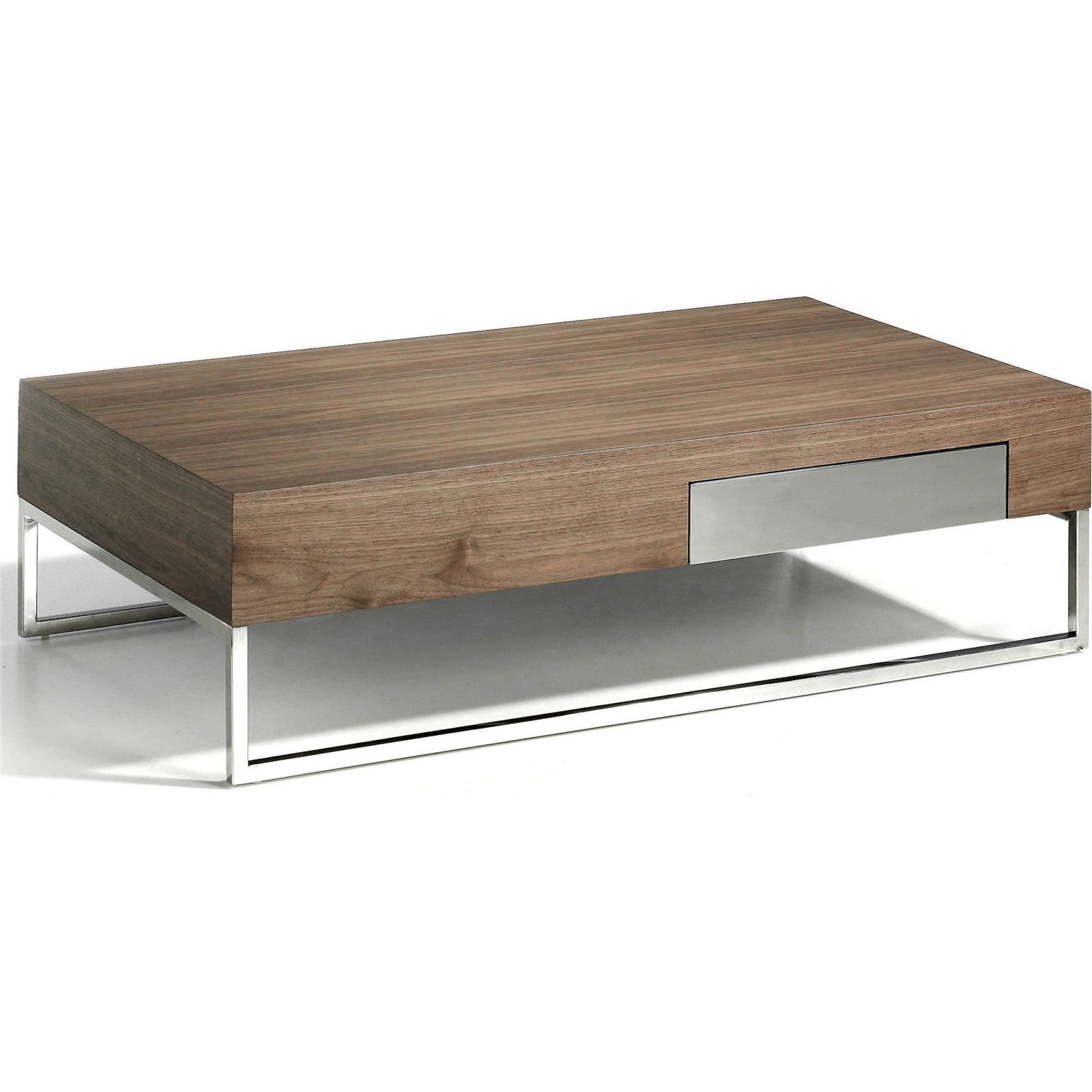 Table Basse En Bois 1 Tiroir Côté Fermeture En Souple Et Façade Miroir - Noyer, Acier Inoxydable