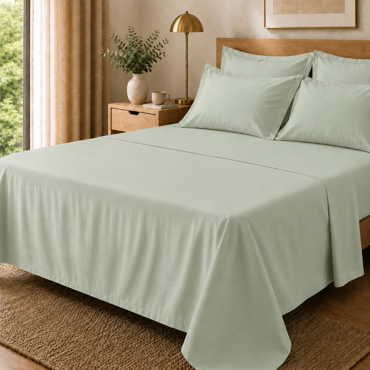 Drap Plat Percale 240 X 300 Cm - Pur Coton Peigné Longues Fibres 80 Fils/cm² - Vert D'Eau