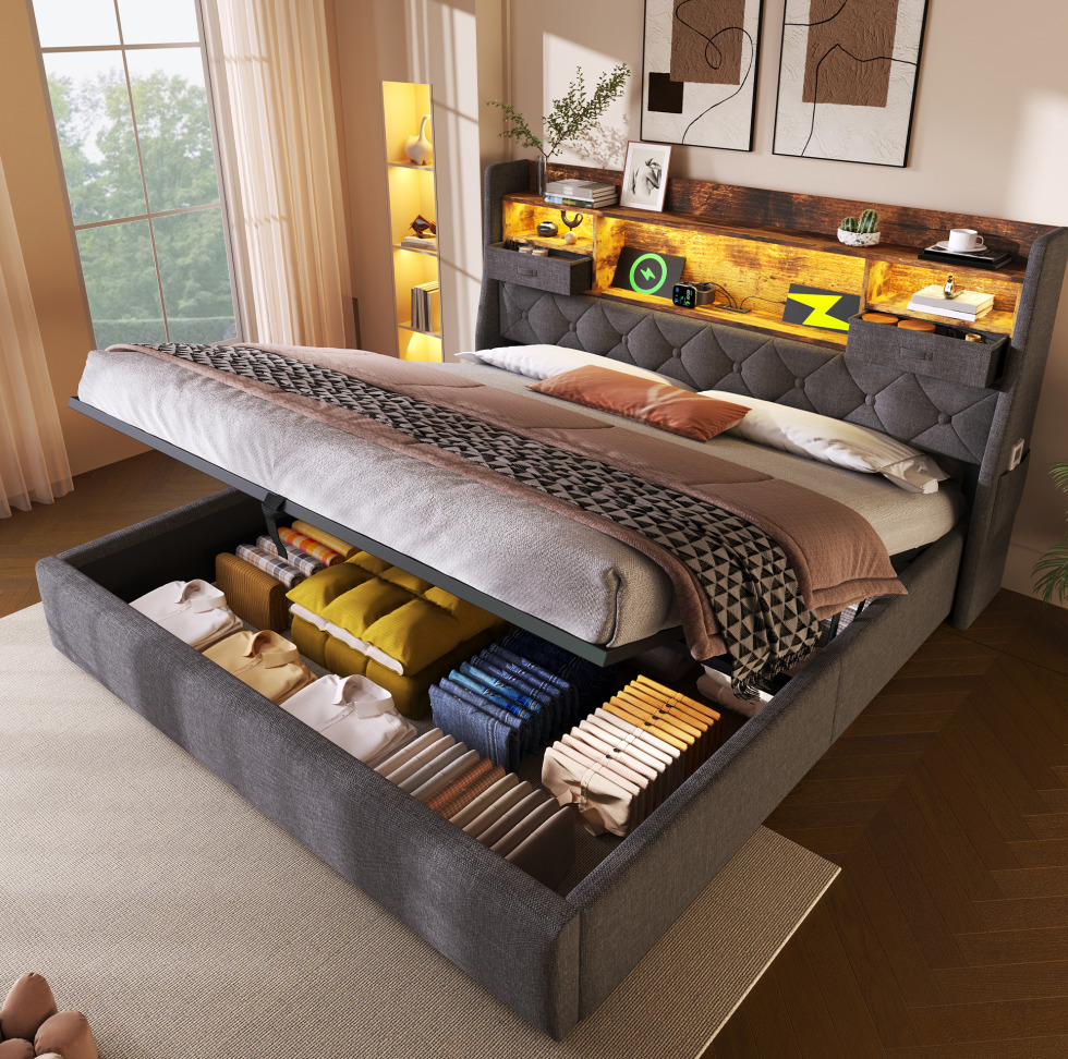 Redom - Lit Double 140x190 Cm Avec Rangement Hydraulique Et Led, Lin Gris (sans Matelas)