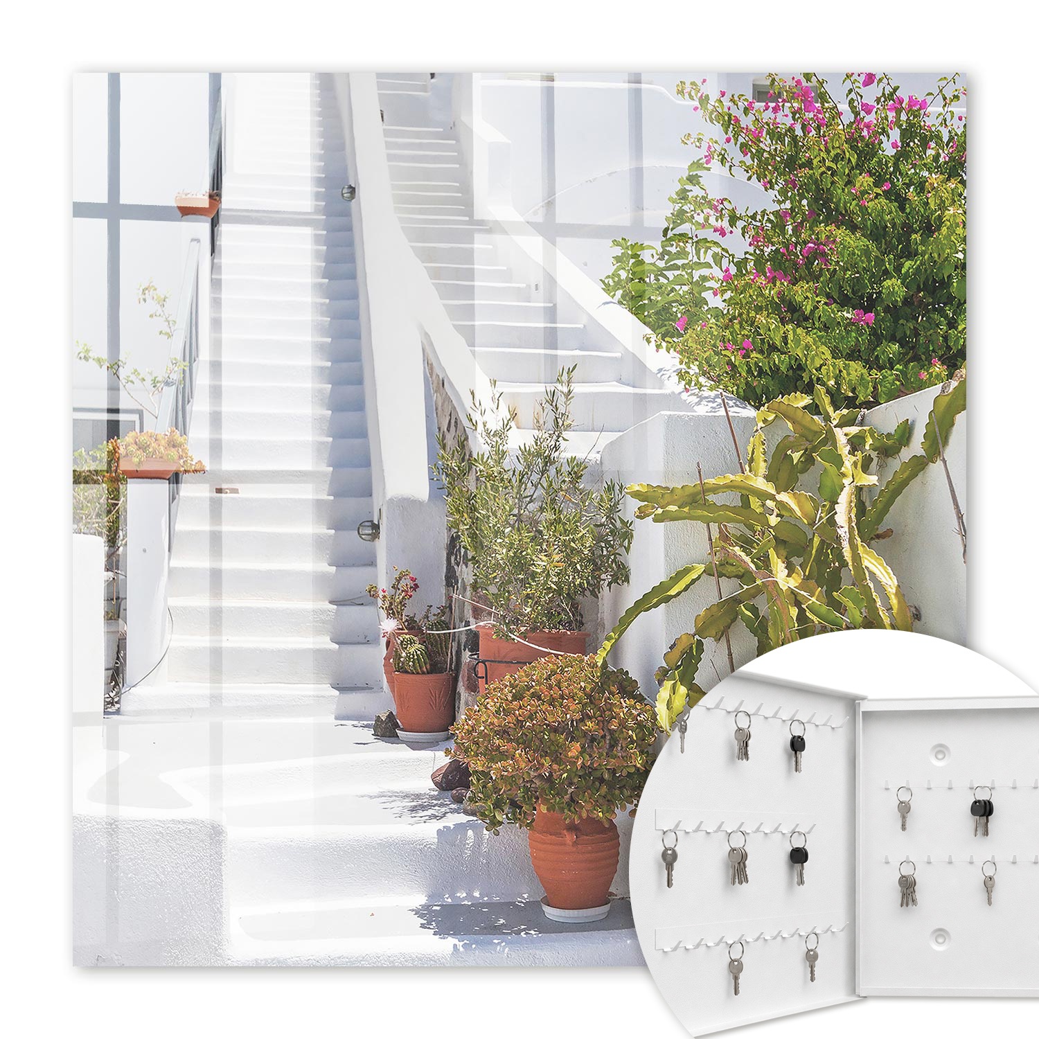 Armoire À Clés - (30 Cm X 30 Cm) - Boîte À Clés Murale - Coffret De Rangement Pour Clés - Couleur Blanche - Ouverture Vers La Gauche - Pour Maison Et Bureau - Escaliers Avec Plantes