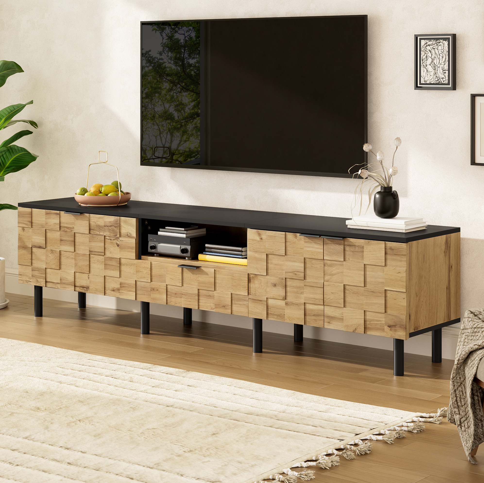 Meuble Tv 2 Portes Avec Tiroir Et Niche Ouverte, Effet Bois, Panneaux De Particules, Pieds Métal