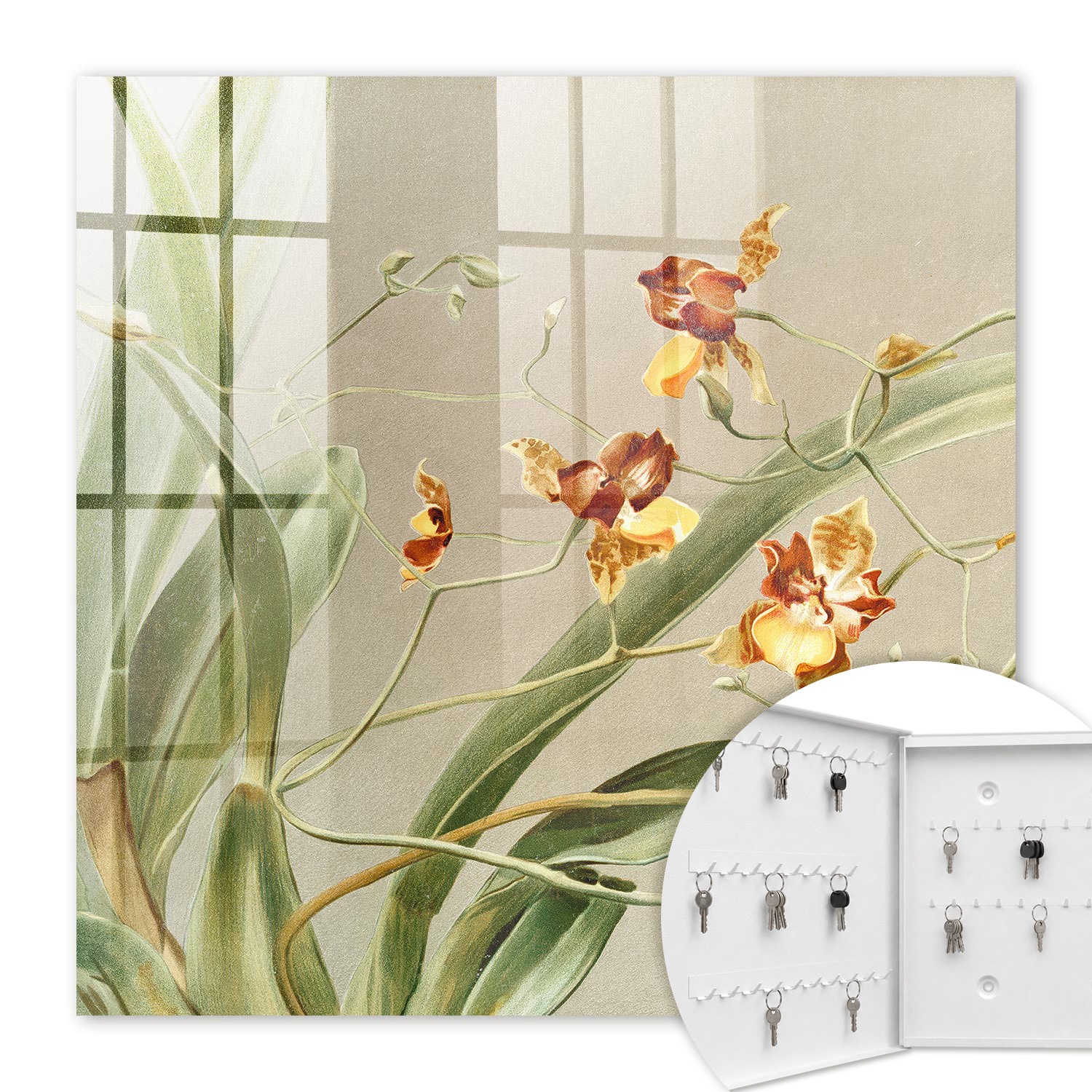 Armoire À Clés - (30 Cm X 30 Cm) - Boîte À Clés Murale - Coffret De Rangement Pour Clés - Couleur Blanche - Ouverture Vers La Gauche - Pour Maison Et Bureau - Fleurs Grimpantes