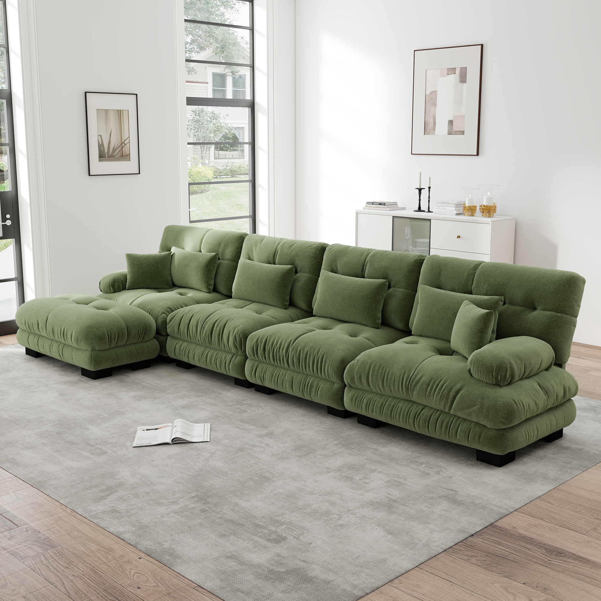 Redom Canapé 4 Places Modulaire D'Angle, Ottomans Mobiles, Configuration En L U Ou Droite, Assise Profonde, Chenille Verte