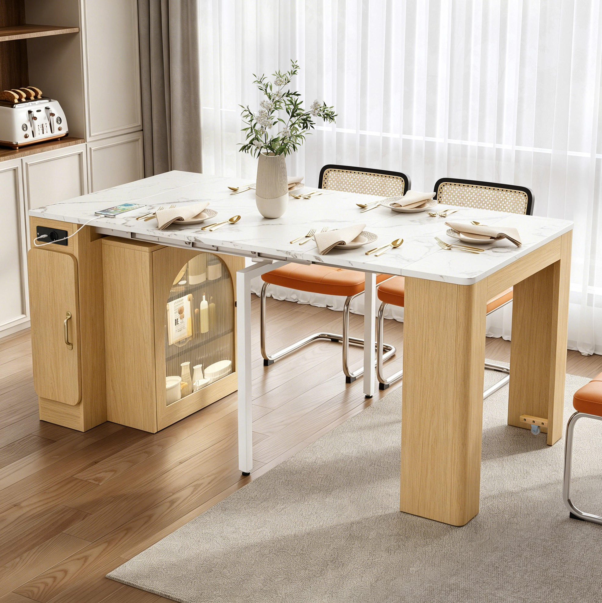 Îlot De Cuisine À Roulettes, Table Extensible Avec Plateau Amovible, Naturel