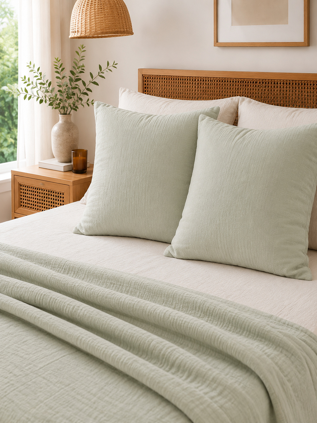 Lot De 2 Taies D'oreiller 60 X 60 Cm - Double Gaze De Coton - Gaïa Vert D'Eau