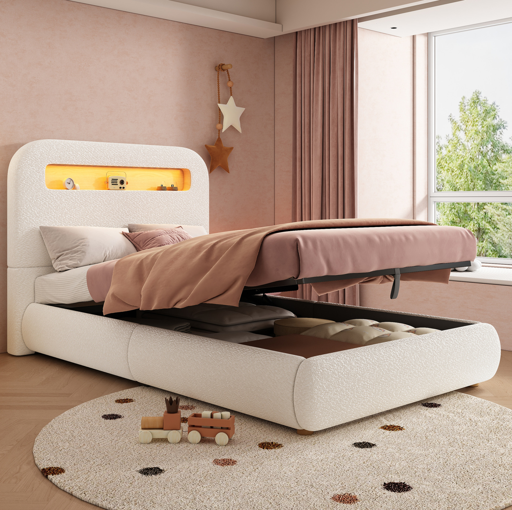 Lit Enfant 90 X 200 Cm Avec Coffre Hydraulique, Led, Sommier, Bouclette Blanche Redom