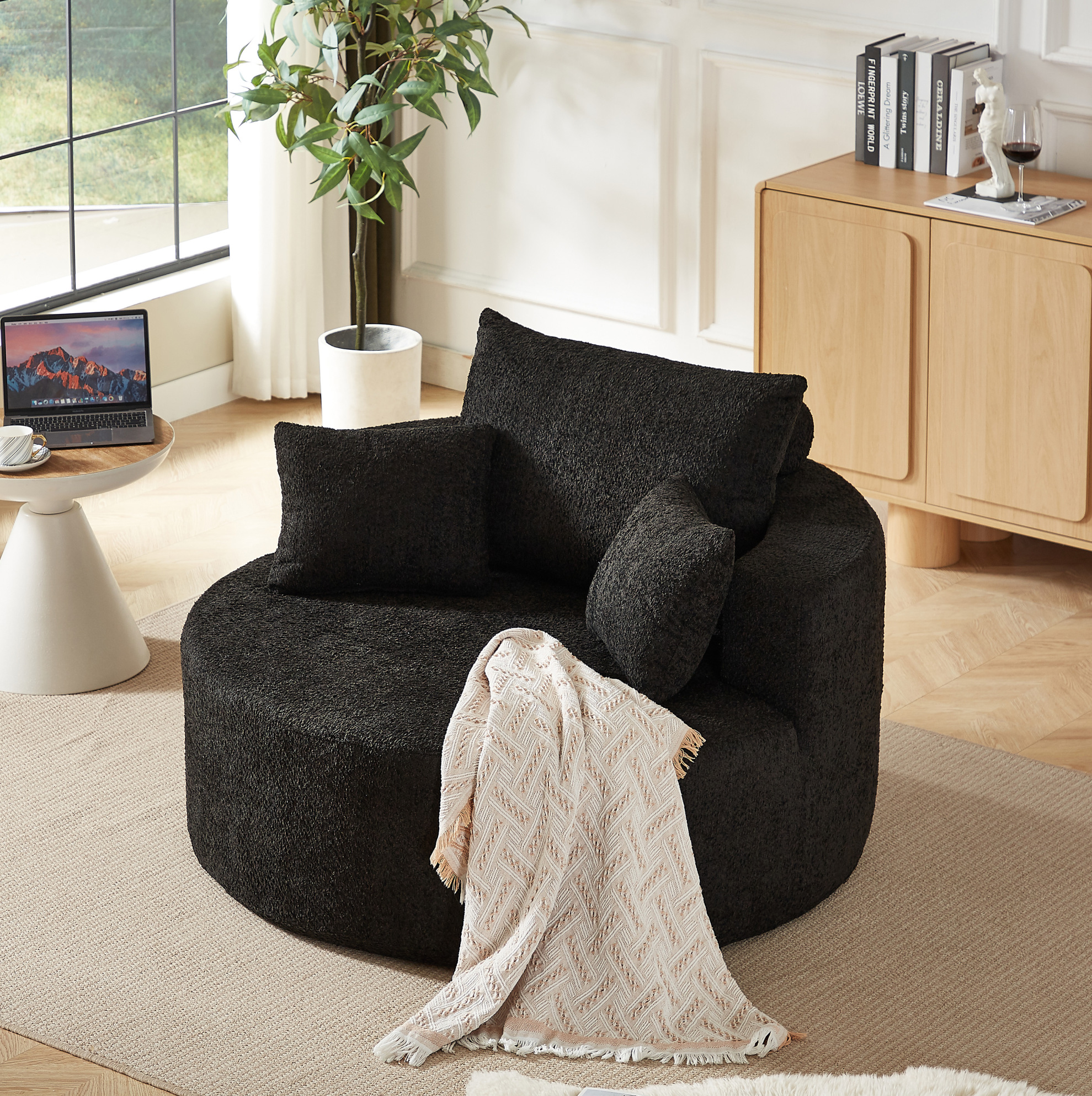 Fauteuil Individuel En Chenille Et Mousse, Sans Montage, Noir, 127 X 127 X 82 Cm