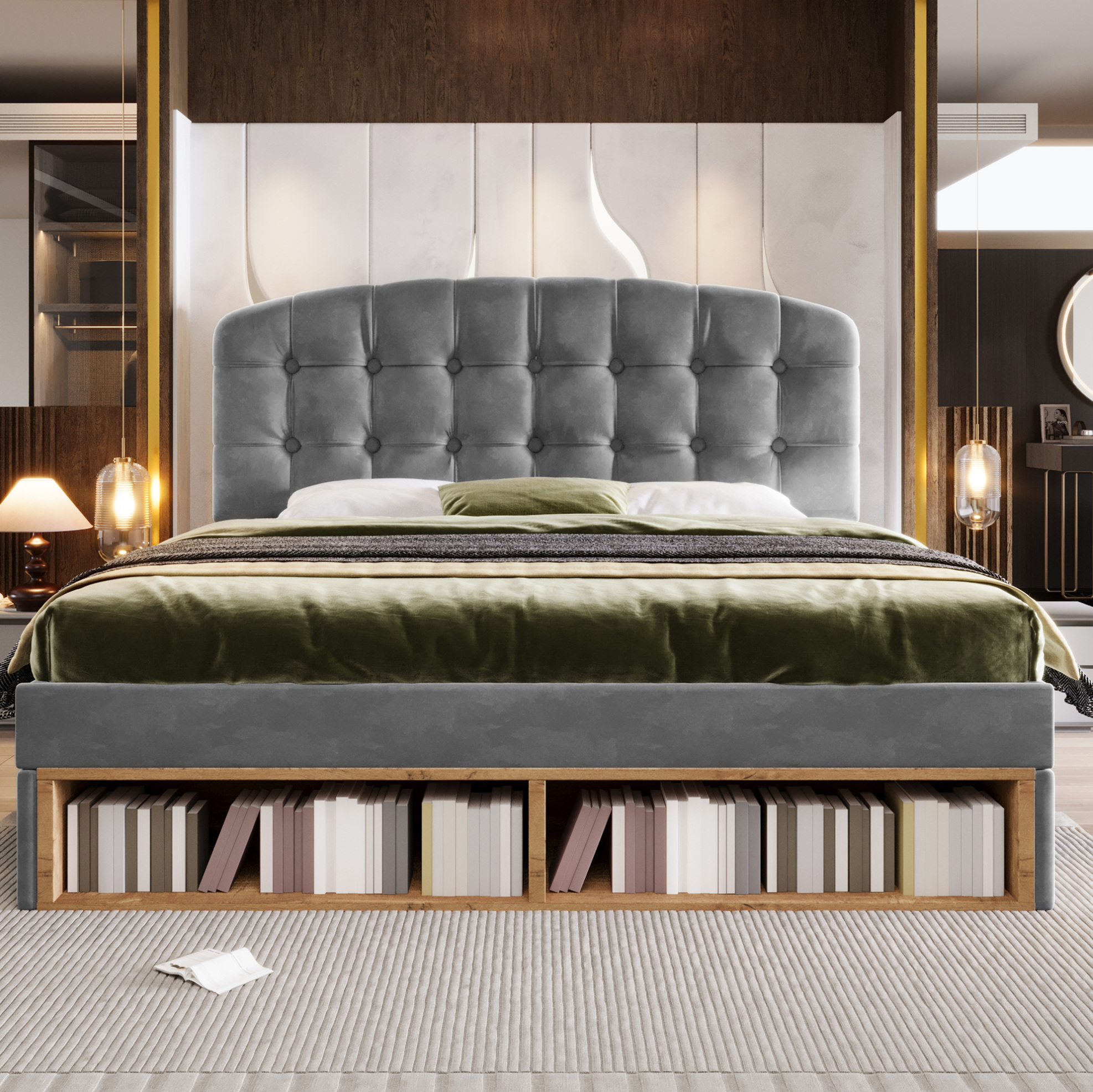 Lit Double 140x200 Capitonné En Velours Gris, Tête De Lit Réglable, Rangements Et Tiroirs